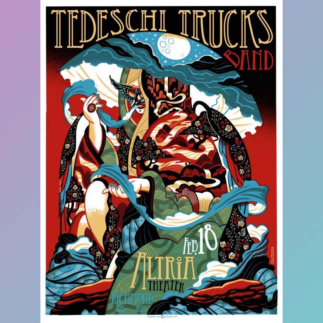 テデスキ・トラックス・バンドのインスタグラム：「Southbound to Richmond for tonight’s sold out show at the @altriatheaterva. Doors at 7, @southernavenuemusic at 8, TTB to follow with one long set. Tonight’s poster is by @guyburwellartist, 18x24 and as always signed prints are available at the merch table while supplies last.」