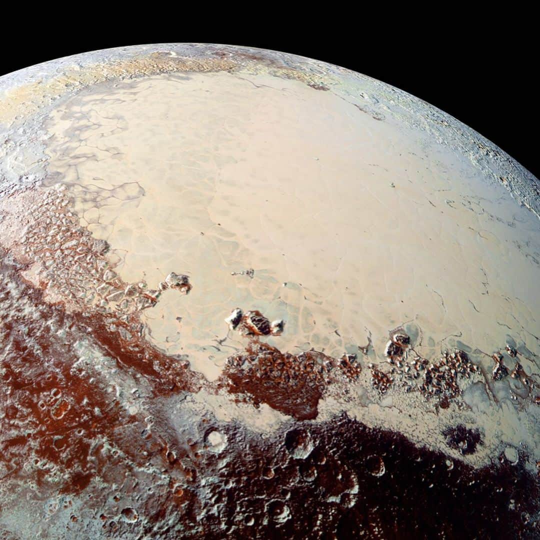 NASAさんのインスタグラム写真 - (NASAInstagram)「Pluto still has our heart 💙⁣ ⁣ 90 years ago today, astronomer Clyde Tombaugh discovered Pluto! Flip through to see some of its majestic features. ⁣ ⁣ 📷 2: Pluto’s mysterious icy heart which contains three kinds of ices – frozen nitrogen, methane and carbon monoxide. ⁣ ⁣ 📷 3: The smooth expanse of the informally named icy plain Sputnik Planum (right) flanked to the west (left) by rugged mountains up to 11,000 feet high. ⁣ ⁣ 📷 4: Pluto in true color. Four images from our New Horizons' Long Range Reconnaissance Imager (LORRI) were combined with color data from the Ralph instrument to create this global view of Pluto. ⁣ ⁣ Image Credit: NASA / JHUAPL / SwRI⁣ ⁣ #NASA #Pluto #Planets #Love #SolarSystem #OTD」2月19日 7時36分 - nasa