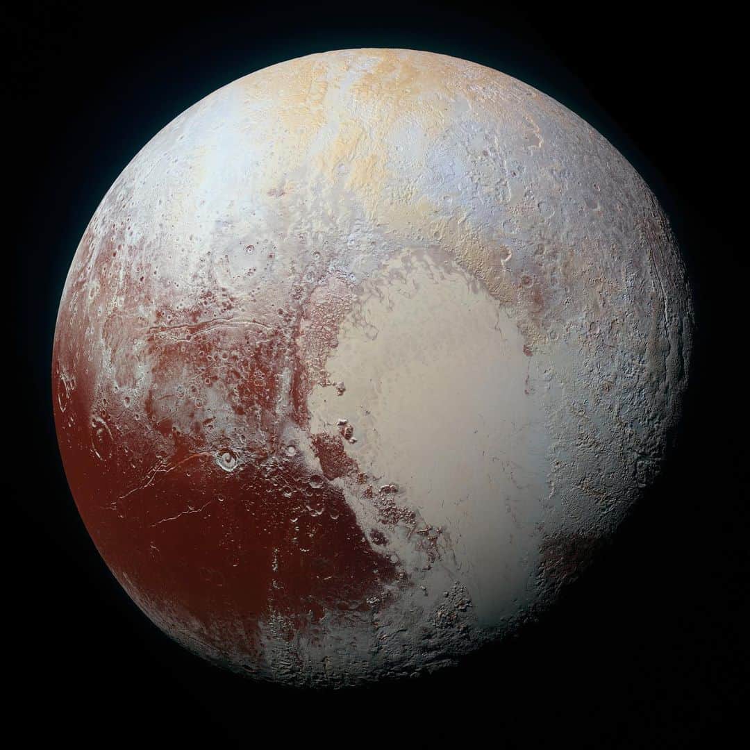 NASAさんのインスタグラム写真 - (NASAInstagram)「Pluto still has our heart 💙⁣ ⁣ 90 years ago today, astronomer Clyde Tombaugh discovered Pluto! Flip through to see some of its majestic features. ⁣ ⁣ 📷 2: Pluto’s mysterious icy heart which contains three kinds of ices – frozen nitrogen, methane and carbon monoxide. ⁣ ⁣ 📷 3: The smooth expanse of the informally named icy plain Sputnik Planum (right) flanked to the west (left) by rugged mountains up to 11,000 feet high. ⁣ ⁣ 📷 4: Pluto in true color. Four images from our New Horizons' Long Range Reconnaissance Imager (LORRI) were combined with color data from the Ralph instrument to create this global view of Pluto. ⁣ ⁣ Image Credit: NASA / JHUAPL / SwRI⁣ ⁣ #NASA #Pluto #Planets #Love #SolarSystem #OTD」2月19日 7時36分 - nasa
