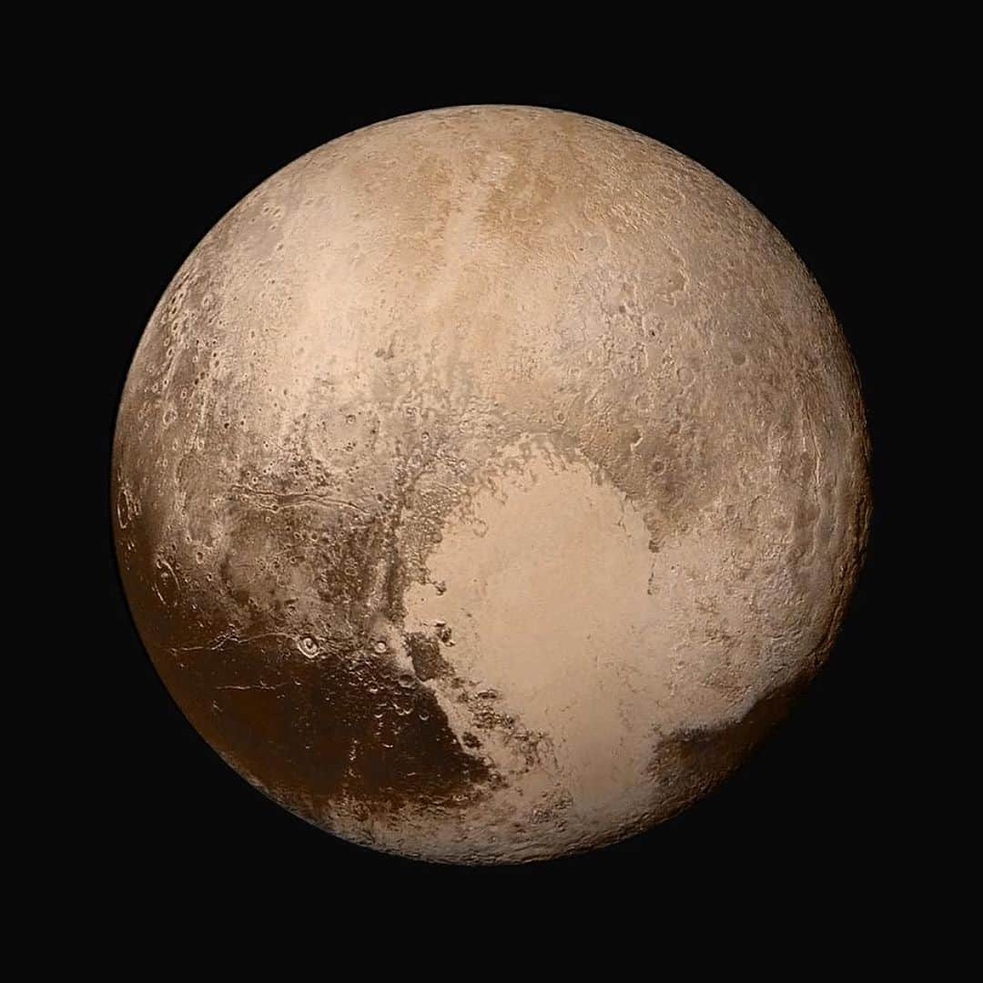 NASAさんのインスタグラム写真 - (NASAInstagram)「Pluto still has our heart 💙⁣ ⁣ 90 years ago today, astronomer Clyde Tombaugh discovered Pluto! Flip through to see some of its majestic features. ⁣ ⁣ 📷 2: Pluto’s mysterious icy heart which contains three kinds of ices – frozen nitrogen, methane and carbon monoxide. ⁣ ⁣ 📷 3: The smooth expanse of the informally named icy plain Sputnik Planum (right) flanked to the west (left) by rugged mountains up to 11,000 feet high. ⁣ ⁣ 📷 4: Pluto in true color. Four images from our New Horizons' Long Range Reconnaissance Imager (LORRI) were combined with color data from the Ralph instrument to create this global view of Pluto. ⁣ ⁣ Image Credit: NASA / JHUAPL / SwRI⁣ ⁣ #NASA #Pluto #Planets #Love #SolarSystem #OTD」2月19日 7時36分 - nasa