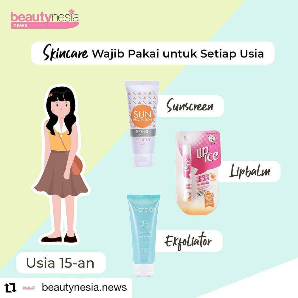 のインスタグラム：「#Reposted from @beautynesia.news  Coba angkat tangan siapa yang sampai saat ini masih suka ngasal pake skin care ?🙋🏼‍♀️🙋🏼‍♀️ Buat kulit kok asal asalan 😔😔 ⁣⁣ ⁣⁣ Beda usia, beda juga loh skincare yang dibutuhin sama kulit kita. Kan sayang juga kamu udah mahal mahal beli skincare tau nya kulit kamu belum atau udah gak butuh😕. Nah supaya investasi untuk beli skin care gak jadi pecuma, coba cek list diatas udah tepat atau belum ✨✨?⁣⁣ ⁣⁣ Komen yuk skincare rutin yang kamu pakai saat ini apa aja ?⁣⁣ ⁣⁣ #BeautynesiaNews #Glowing2020 #SkincareRemaja #SkincareDewasa #InvestasiSkincare #BeautyTips #BeautyHacks #TipsKecantikan #TipsCantik # #SunScreen #LipBalm #Exfoliator #Moisturizer #EyeCream #Serum #AntiAging #SkinCare #SkinCareGlowing #GlowingSkin」