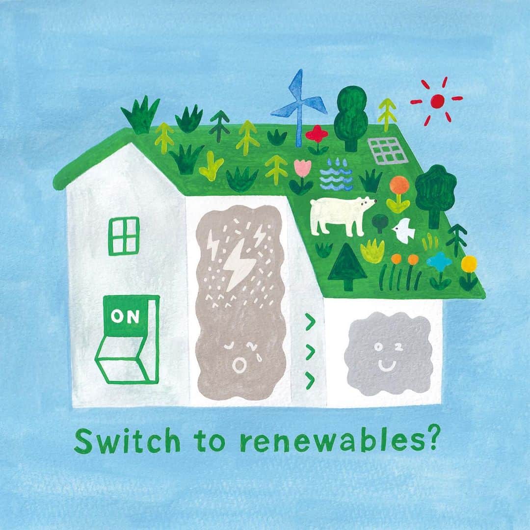 KEINA HIGASHIDEさんのインスタグラム写真 - (KEINA HIGASHIDEInstagram)「Switch to renewables?﻿ 「再生可能エネルギーに切り替えますか？」﻿ ﻿ 再生可能エネルギーをもっと多くのひとに知っていただくために、弊社アーティスト 永壽（ @eisu_one ）と一緒に無償ダウンロードOKなバナーをデザインしました！﻿ ﻿ わたしのデザインは、おうちの電気を「スイッチを押すように」簡単に切り替えられること、再生可能エネルギー100％の電気を使うことで、豊かな自然を守りたいという願いを描きました。﻿ ﻿ バナーは、「みんな電力（ @minden_official ）」のBLOGからダウンロードできます。あなたのPCやスマホの壁紙に設定したり、SNSの投稿に使ったりして、再生可能エネルギーを広く知っていただくための「応援」をお願いいたします。﻿ ﻿ ▼ダウンロードはこちら﻿ https://minden.co.jp/personal/report/2020/02/20/2035﻿ ﻿ 家庭からの二酸化炭素排出量48.6％は「電気」。まずは簡単にできることから！と、わたしのオフィスと自宅は「みんな電力」の再生可能エネルギーを利用しています。あなたの暮らしの中にあるエネルギーのことを考えるきっかけになったら嬉しいです。﻿ ﻿ 2/20（木）～22（土）まで国立代々木競技場第一体育館で開催中の『rooms40』の《Sustainable Dialogue Café》の「みんな電力」さんブースでオリジナルステッカーも無料配布中です。お近くの方はぜひ。﻿ ﻿ #みんな電力 #永壽 #東出桂奈﻿ #rooms40 #四角大輔﻿ #keinahigashide_portfolio」2月20日 17時18分 - keina_higashide
