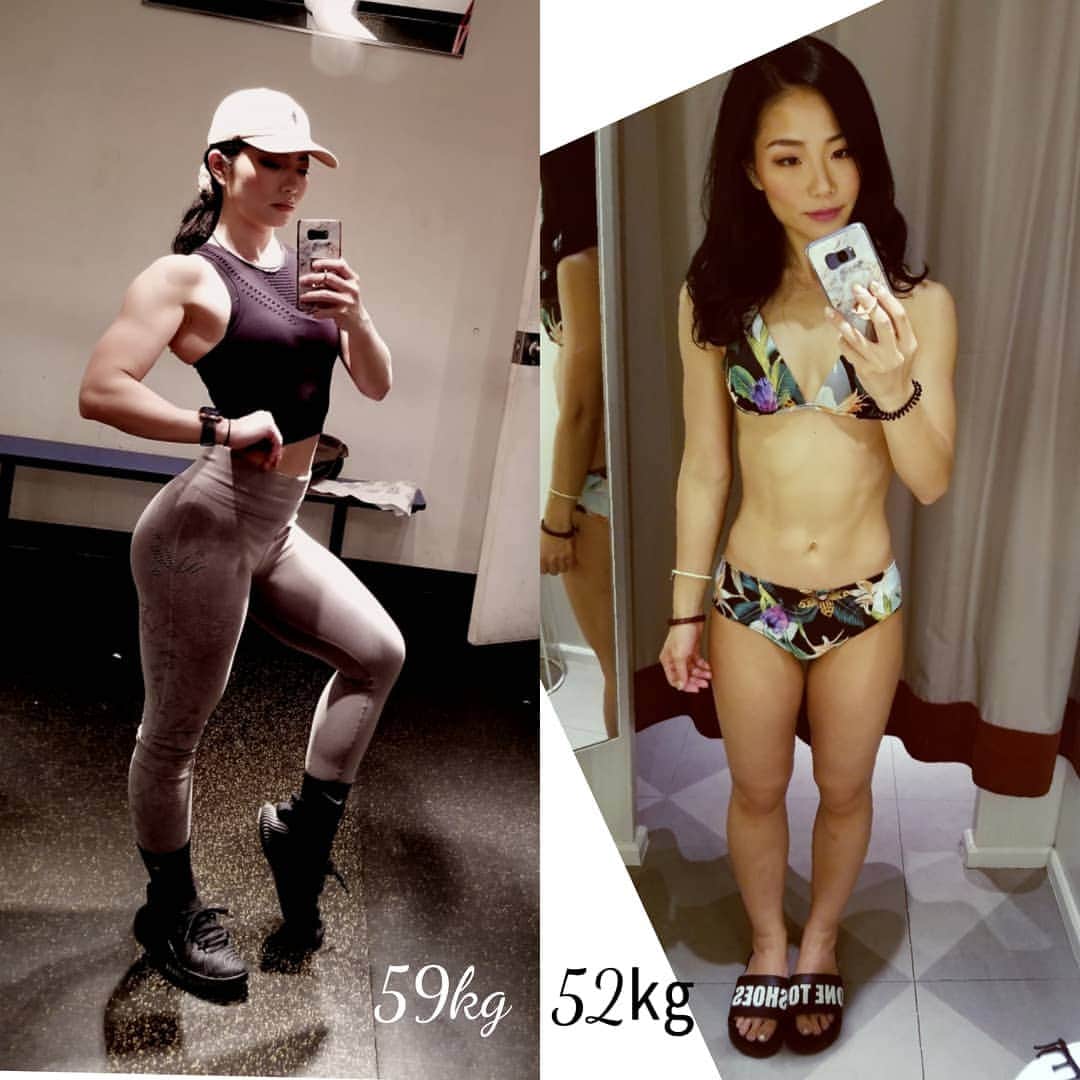 永吉令奈のインスタグラム：「しっかり食べてトレーニングも思いっきりやって狙った筋肉を肥大化させて作った59㎏の体と、  極端に減らした食事でヘロヘロになりながらまともに動けないし、精神的にも疲れるストレスもたまった52㎏の体。 これを維持するのは無理😵 頑張りかたを間違えてる気がした。  自分の理想と体質のギャップに長らく苦労しました。  固定概念を捨てて、自分に見合った自分の理想に向かって努力するほうが楽でした。  減量ももっと追及して、よりストレスフリーな自分の減量方法を見つける。  体が小さかろうが、大きかろうが自信を持てる体が美しい✨」
