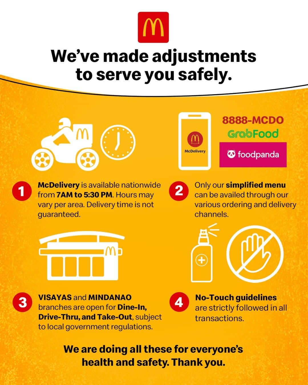 McDonald's Philippinesのインスタグラム：「Starting March 23, there will be changes in our operations so we can continue to serve you while we comply with the government’s community quarantine. Check the link in our bio for a list of open stores.」