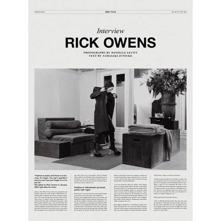 SWITCHさんのインスタグラム写真 - (SWITCHInstagram)「Limited TABLOID Appendix includes Rick Owens Long Interview in English!! Size: D2 . 【特集 リック・オウエンス 3/20発売】スイッチWEBではリック・オウエンスのロングインタビュー英語版掲載のタブロイド特典付です。両面大判D2サイズ。特集ではリックを取り巻くアートピースや、著名人のお気に入りアイテムも紹介。50ページ総力ファッション特集、お楽しみに . #rickowens  @rickowensonline #switch_magazine #michikokitamura  #fashionissue #リックオウエンス #北村道子」3月17日 12時20分 - switch_magazine