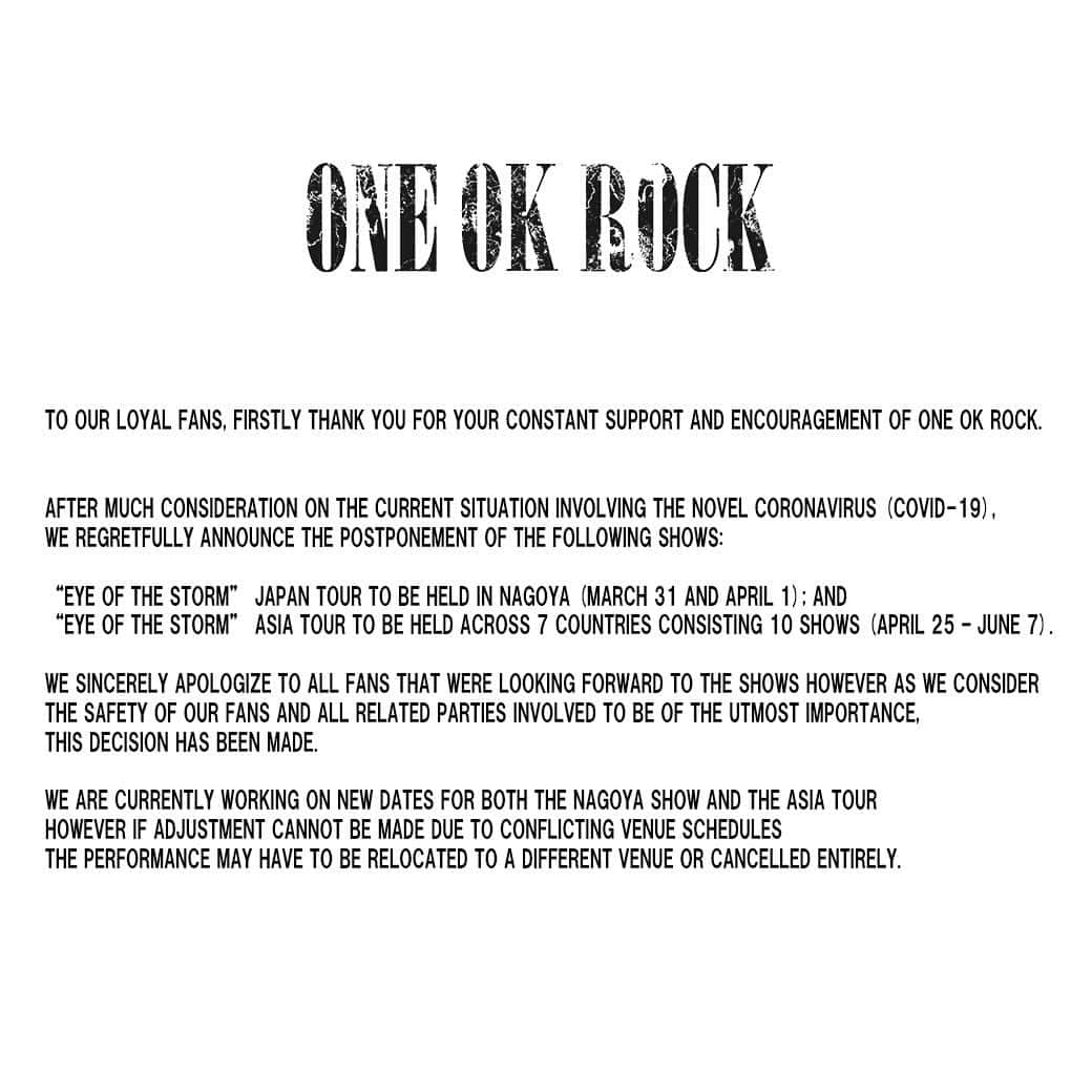 Taka さんのインスタグラム写真 - (Taka Instagram)「We truly regret having to make an announcement like this.  First, we would like to apologize to everyone that was looking forward to seeing us. Of course no one is to blame but we are all really bummed out that this had to happen.  However, we haven’t give up hope and want to keep this tour from being “canceled” as much as possible which is why we have decided to announce it as “postponed”  Thanks for your understanding and we wish that everyone stay safe and healthy.  このアナウンスをしなければならない事本当に残念です。 楽しみにしていたみんな本当にごめん。 ぼくらも本当に悔しいし、残念です！ でも僕らはまだ諦めてません。 中止という判断はできるだけなくしていきたい。 その為の延期です！ 理解してくれることを願ってます。 みんなが健康でいれますように」3月17日 12時50分 - 10969taka