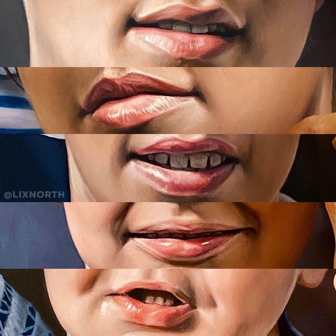 Lix Northのインスタグラム：「Lips are such strange and wonderful things 👄. Extraordinary instruments of verbal and non-verbal communication, of passion and of nourishment, and each pair so unique, like fingerprints. Always up there my very favourite parts to paint in any portrait. Here are 5 of the 7 pairs of lips in this current painting I’m working on. 5 siblings, but so unique. #WIP details from ‘The Whole Whanau’, oil on aluminium, 900x1200mm 🖌💋 #art」