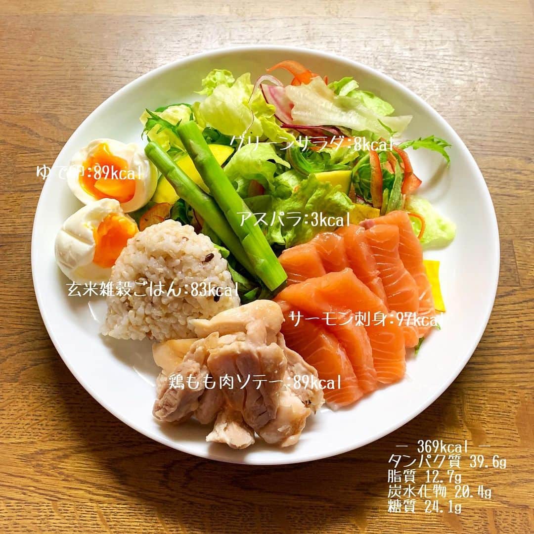 hirokoさんのインスタグラム写真 - (hirokoInstagram)「2020.3.17（火）﻿ ✽.｡.:*・ﾟ #hiroponのおうちごはん﻿  #hiroponのワンプレートごはん ﻿ #しっかり食べるダイエットごはん ﻿ 今日の#昼ごはん は﻿ 冷蔵庫の中にあるものを#ワンプレート にした﻿ #ヘルシーワンプレート で〜す﻿ 鶏もも肉とサーモンで#タンパク質はしっかり﻿ ﻿ ﻿ menu📝﻿ ▪︎ 玄米雑穀ごはん50g﻿ ▪︎ サーモンのお刺身﻿ ▪︎ 鶏もも肉（皮なし）のグリル﻿ ▪︎ ゆで卵﻿ ▪︎ グリーンサラダ ﻿ ﻿ ― 369kcal ― （ドレッシング含まず）﻿ ⦿ タンパク質 39.6g﻿ ⦿ 脂質 12.7g﻿ ⦿ 炭水化物 20.4g﻿ ﻿ サーモンのお刺身はサラダと一緒に﻿ ノンオイルドレッシングで食べまーす﻿ ﻿ ﻿ ﻿ *☼*―――― ちょこっと#PR ――――*☼*﻿ ﻿ 私も履いてる#グラマラスパッツ﻿ 着圧力が凄いから効果を発揮するよ！﻿ 履く時ちょっときつくて大変なんだけど💦﻿ 履いてしまえばきつさは感じないです﻿ 着圧感･脱いだ時の解放感がたまりません😆﻿ 浮腫もスッキリしますよ〜﻿ 年齢問わず履いていただける#着圧スパッツ です﻿ ﻿ 詳しくはプロフィール @hiropon0201 の﻿ ハイライトからチェックしてみて﻿ ﻿ ﻿ ﻿ .........The end ☕︎﻿ #PFCダイエット #インスタフード #オリーブノート #オリーブノートアンバサダー #おうちごはん通信 #おうちごはんLover #くらしメイド #フーディーテーブル #マカロニメイト #デリミア #デリスタグラマー #バランスの良い食事 #てづくりごはん365 #うちのシェフ #家ごはん #snapdish #macaroni #locari_kitchen  #lin_stagrammer ・﻿」3月17日 14時57分 - hiropon0201