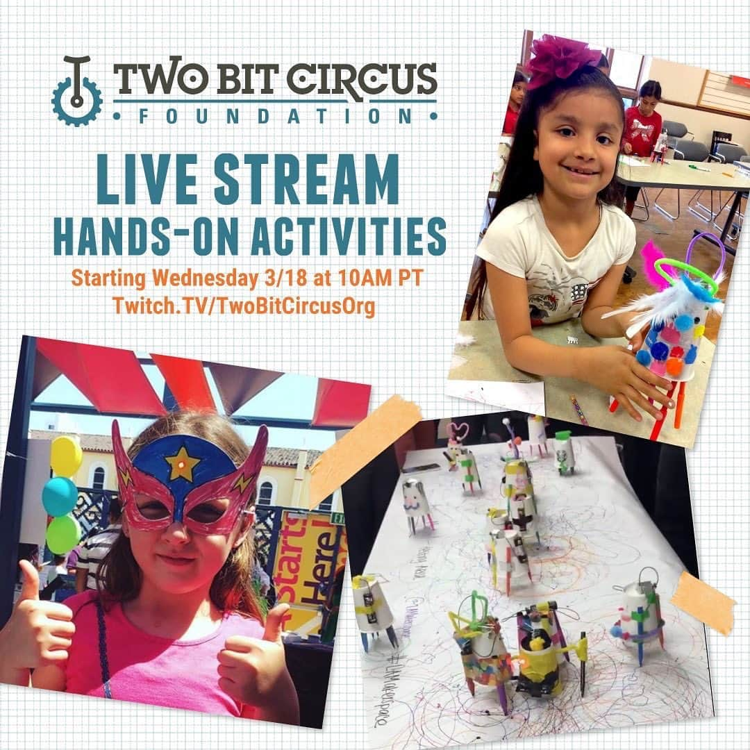 マギー・グレイスのインスタグラム：「🌈Free virtual project-based learning for kids at home starts TOMORROW! 🤹🏽‍♂️🪁 Www.twitchtv/twobitcircusorg @twobitcircusorg」