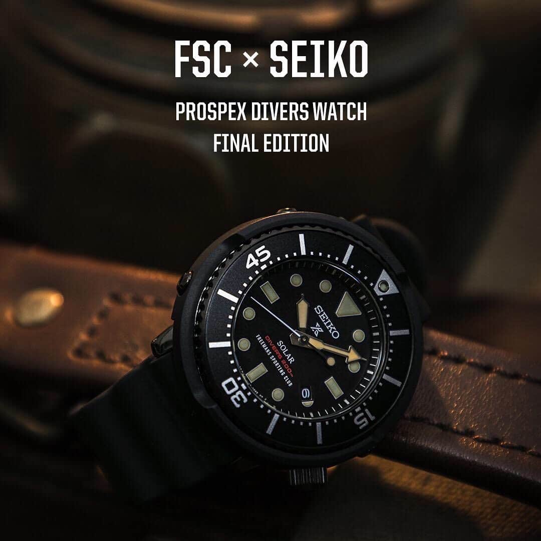 のインスタグラム：「【FSC x SEIKO PROSPEX DIVERS WATCH FINAL EDITION】  発売日:2020年3月20日(金)  2016年より展開しているFREEMANS SPORTING CLUB (以下FSC)とSEIKO PROSPEXのエクスクルーシブモデル。  今回LOWERCASE クリエイティブディレクターの梶原由景氏によるプロデュース最後のリリースとなるFSC x SEIKO PROSPEXダイバーズウォッチが登場します。  2016年に瞬く間に完売し、絶大な人気を誇ったファーストコレクションを踏襲し、ベゼル部分をよりシンプルなデザインにアップデート。 マットな質感のオールブラック外装にビンテージ調のルミブライト(畜光塗料)を針とインデックスに採用しています。 6時位置にFSCロゴを入れるなど、FSCの世界観を体現する拘りが随所に散りばめられた特別な一本になり、現代のニーズとFSCが提唱するクラシックスタイルを見事に合わせたモデル。 今作は300本限定のシリアルナンバー入りになります。  #freemanssportingclub  #seiko #seikoprospex  #seikoprospexdiver」