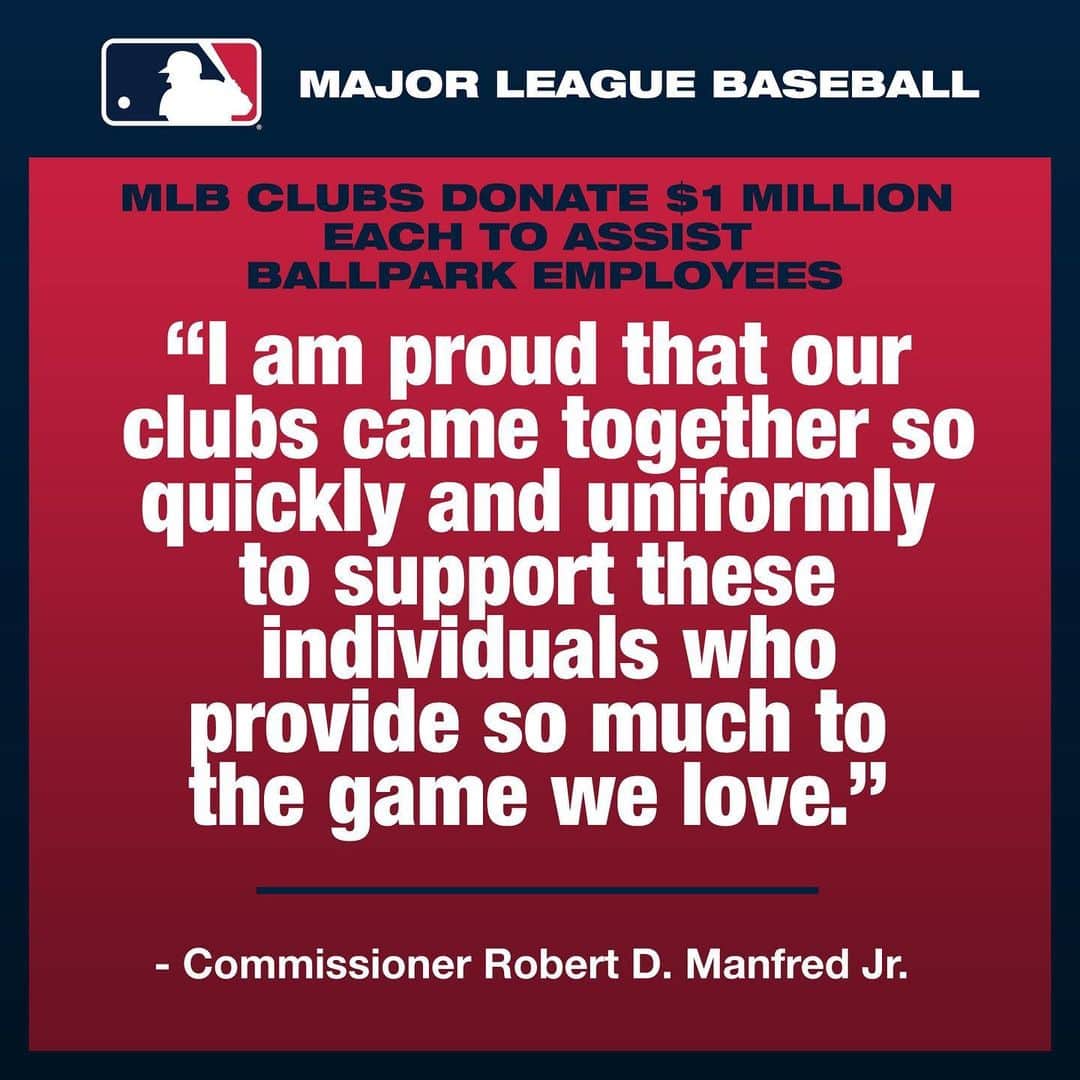 MLBさんのインスタグラム写真 - (MLBInstagram)「MLB clubs have committed $30M -- $1M apiece -- to assist the ballpark employees affected by the delayed start to our season.」3月18日 5時47分 - mlb