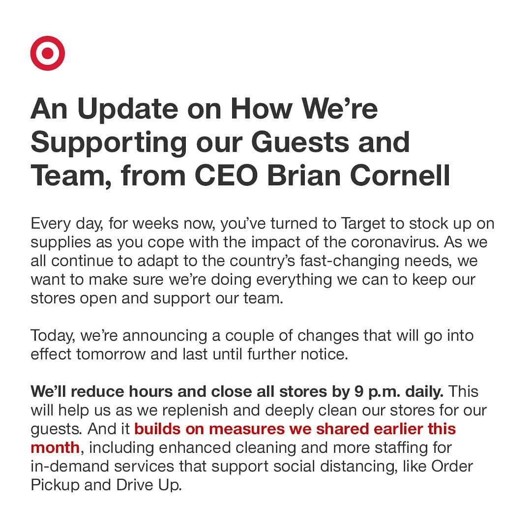 Target Styleのインスタグラム：「We’re so proud of our Target teams working to keep stores open for guests during this challenging time. Read more about our latest efforts via link in bio, including new reduced store hours to add time for cleaning & restocking, & dedicated shopping hours for vulnerable guests.」