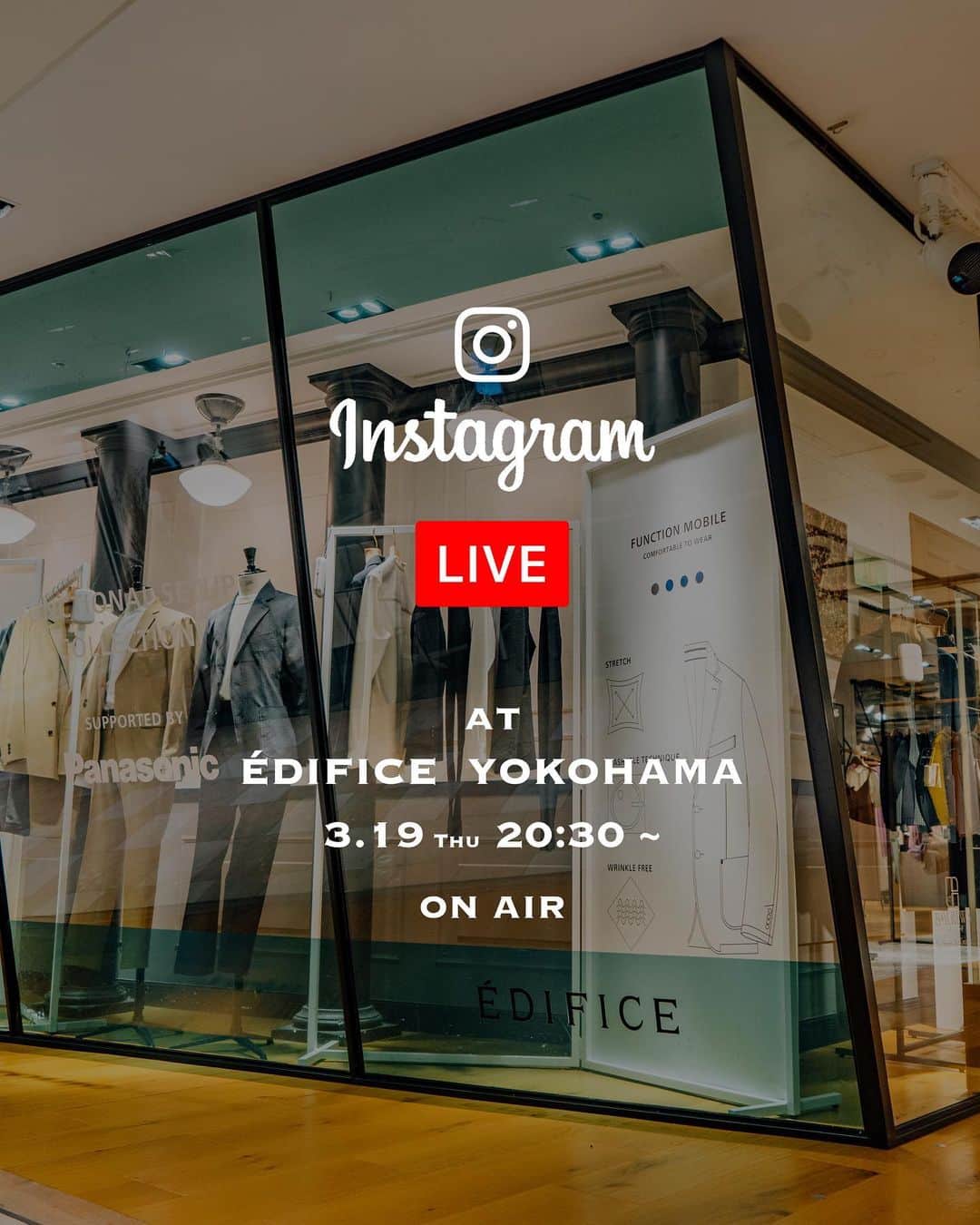 のインスタグラム：「【instagram LIVE❗️】﻿ ﻿ 明日3/19（木）20:30より、EDIFICEでは初となるinstagram LIVEをEDIFICEルミネ横浜店よりお届け致します。﻿ ﻿ 今回の内容はBaycrew'sが誇るプロファッションアドバイザーの称号を持つスタッフによる『この春におススメする新作アイテム』をご紹介。﻿ ﻿ さまざまなお客様のご要望にお応えしてきたプロFAの解説はもちろん、今年のおススメスタイリングや、質問やコメントにリアルタイムでお応えしていく質問コーナーもございます。﻿ ﻿ 是非、明日3/19（木）20:30のON AIRを楽しみにお待ち下さい。﻿ ﻿ ﻿ ﻿ ﻿ ﻿ ﻿ ﻿ ﻿ ﻿ ﻿ ﻿ ﻿ ﻿ ﻿ ﻿ #edifice #instalive #mensfashion #jacketstyle #2020ss #exclusiveitem #mensstyle #menswear #gramicci #spring2020ss #menwithclass #menwithstyle #mensclassic #mensclothing #mensclothes #dapper #dapperman #dapperstyle #エディフィス #インスタライブ #EDIFICE横浜店 #横浜ルミネ」