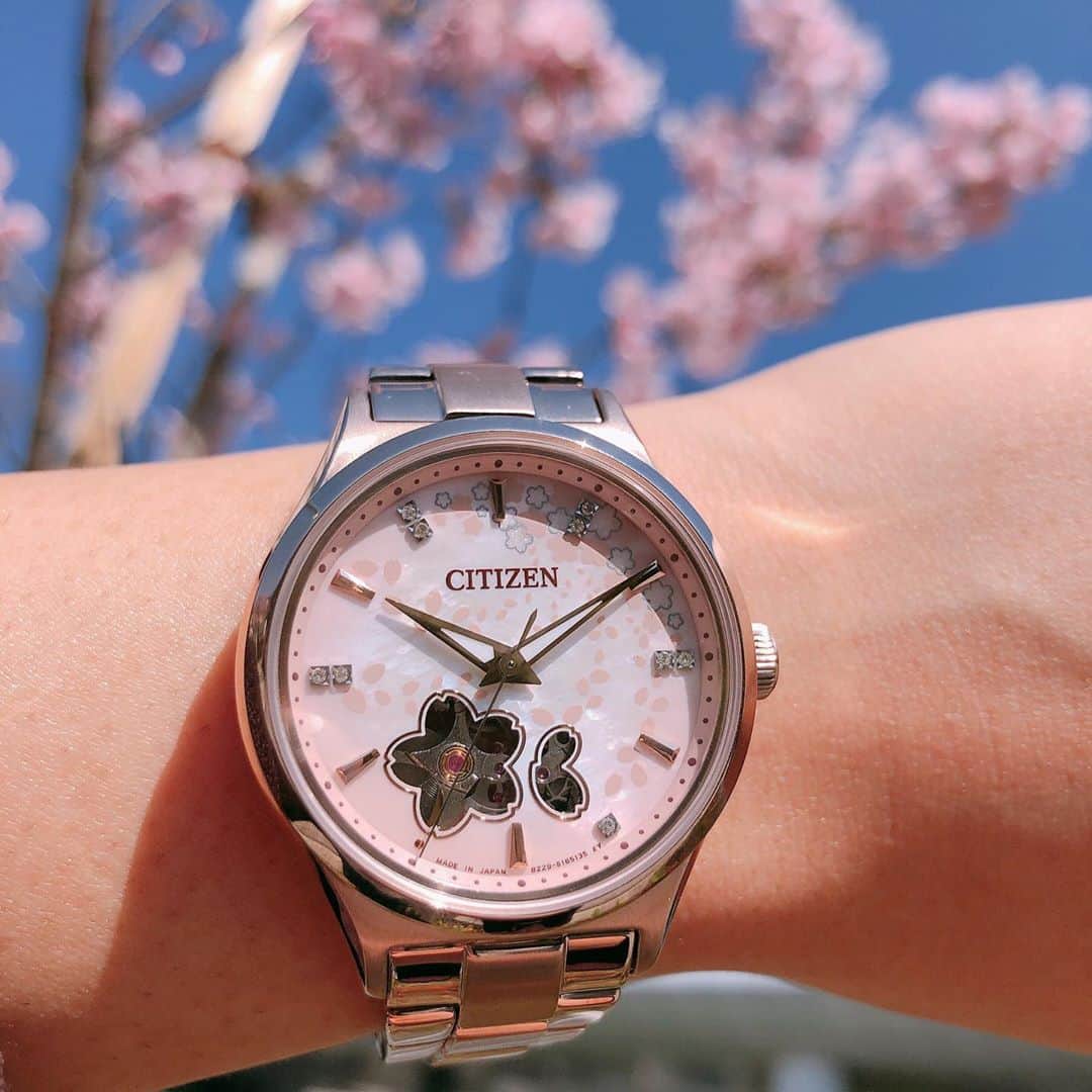 CITIZEN（シチズン時計）さんのインスタグラム写真 - (CITIZEN（シチズン時計）Instagram)「春気分で、はらはらと舞い散る桜の姿「零（こぼ）れ桜」をテーマにしたメカニカルウオッチと、桜を一緒に撮影してみました😊🌸 . 桜色のグラデーションの白蝶貝の文字板に、桜の花のモチーフと、ダイヤモンドが9石あしらわれていて、気持ちまで華やかにしてくれるモデルです。 . 桜の花の形に切り抜いたオープンハートの小窓から、ムーブメントの繊細な動きが見れて、つい眺めてしまいます。 . 赤色のカーフ革バンドもセットになっていますので、付け替えてお楽しみいただけます☺️ . 時計【PC1004-63W 55,000円＋税】数量限定2000本 . #シチズン #betterstartsnow #メカニカルウオッチ #機械式時計 #零れ桜 #桜 #sakura #cherryblossom #オープンハート #ムーブメント #シースルーバック #自動巻き #替えバンド付き #数量限定 #お土産 #gift #時計 #腕時計 #腕時計くら部 #時計好きな人と繋がりたい #新作 #watch #watches #watchfam #japanwatch #citizenwatch #citizenwatches」3月18日 20時23分 - citizenwatchjp