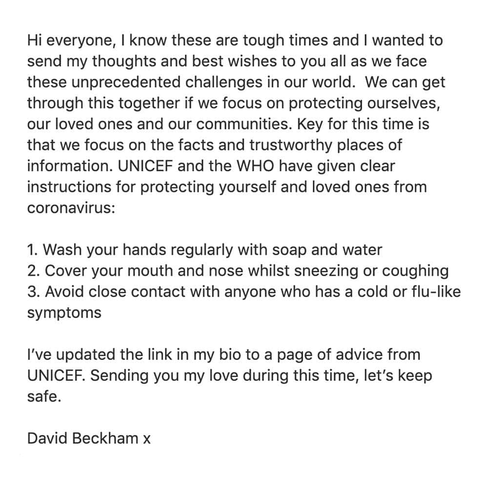 デビッド・ベッカムさんのインスタグラム写真 - (デビッド・ベッカムInstagram)「Hi everyone, a quick message. Please stay safe and visit trusted places for information including @UNICEF and @WHO x」3月18日 20時58分 - davidbeckham
