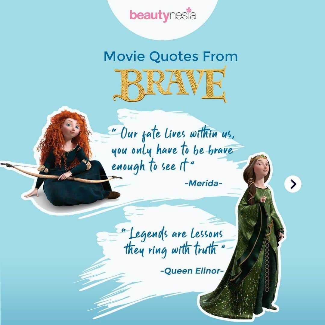 のインスタグラム：「Film produksi Pixar dan Disney ini bercerita tentang Merida, seorang putri tunggal dari Kerajaan Dunbroch. Berlatar belakang di Skotlandia, cerita film ini berkisar tentang hubungan Merida dengan ibunya dan statusnya sebagai seorang putri.  Film yang mendapatkan banyak pujian dan penghargaan ini juga punya quotes yang worth to keep lho. Quotes atau karakter mana yang jadi favorit kamu?  #Beautynesia #BeautynesiaID #Brave #Disney #Pixar #movies #moviequotes #rekomendasi」