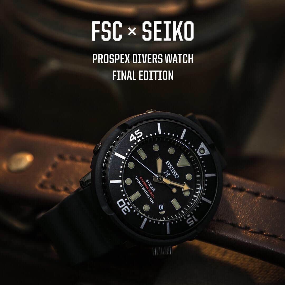 のインスタグラム：「【FSC x SEIKO PROSPEX DIVERS WATCH FINAL EDITION】  発売日:2020年3月20日(金)  2016年より展開しているFREEMANS SPORTING CLUB (以下FSC)とSEIKO PROSPEXのエクスクルーシブモデル。  今回LOWERCASE クリエイティブディレクターの梶原由景氏によるプロデュース最後のリリースとなるFSC x SEIKO PROSPEXダイバーズウォッチが登場します。  2016年に瞬く間に完売し、絶大な人気を誇ったファーストコレクションを踏襲し、ベゼル部分をよりシンプルなデザインにアップデート。 マットな質感のオールブラック外装にビンテージ調のルミブライト(畜光塗料)を針とインデックスに採用しています。 6時位置にFSCロゴを入れるなど、FSCの世界観を体現する拘りが随所に散りばめられた特別な一本になり、現代のニーズとFSCが提唱するクラシックスタイルを見事に合わせたモデル。 今作は300本限定のシリアルナンバー入りになります。  #freemanssportingclub  #seiko #seikoprospex  #seikoprospexdiver」