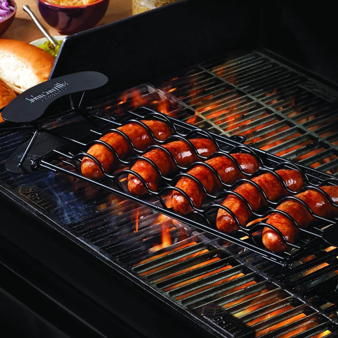 ジョンソンヴィルのインスタグラム：「Burnt or cracked sausage casings cramping that grilling game? Looking for alt ways to add more protein to the grill? Johnsonville’s new grilling accessories = solution. #GrillLikeAPro with our #easytouse Grilling Basket & Grill Plate, the #musthave tools for sausage fans everywhere!  Perfectly grills five Johnsonville Brats or Italian sausages at once 🔪Integrated Grill Basket handle for easy turn & even cooking 🔪Reduce sudden flare-ups and cracked casing with the Grilling Plate.  More product info @ link in bio. #SocialDistancingWithSausage」