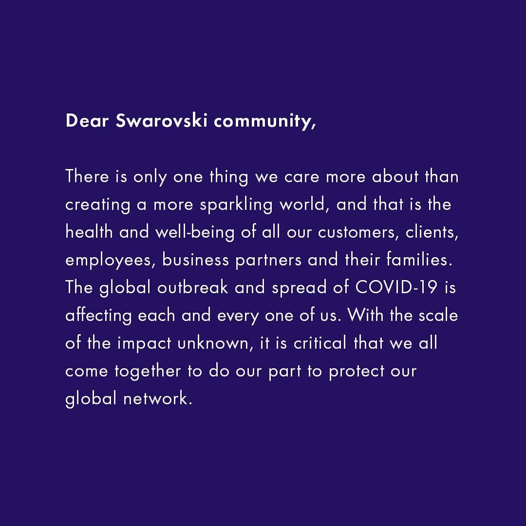 のインスタグラム：「Message to our Swarovski community regarding the global outbreak and spread of COVID-19.」