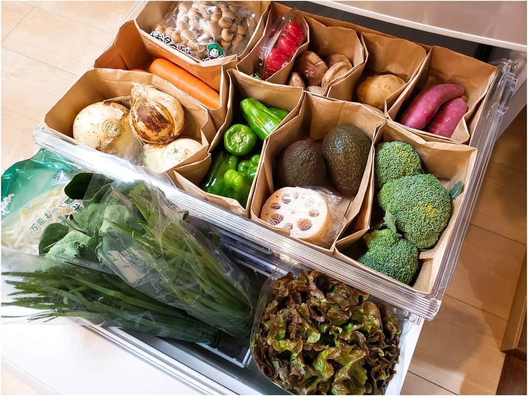 八木さやさんのインスタグラム写真 - (八木さやInstagram)「野菜がいっぱいの冷蔵庫♥️ 食べ物いっぱいあって幸せだあ❤ . #紙袋収納」3月19日 3時48分 - yagisaya_garden