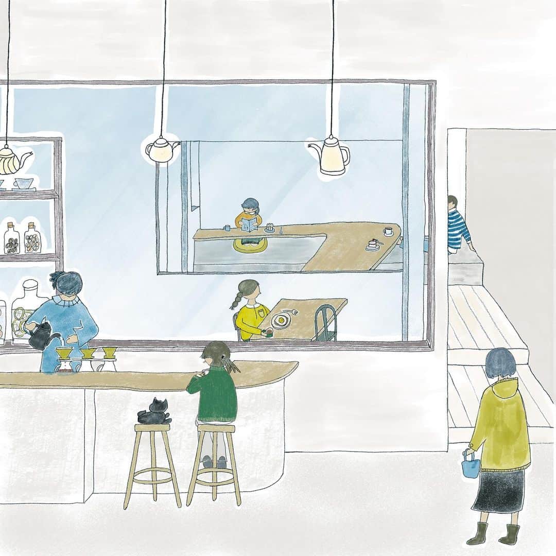 cafe_no_maのインスタグラム：「Featured in a monthly magazine "Kenchiku-chishiki" about how to create a calm and comfortable cafe space. illustrated by me . 発売中の建築月刊誌『建築知識』に、“cafenomaとスタバに聞く、落ち着くカフェ空間のつくりかた”という特集が組まれています。お手にとっていただく機会がありましたら。 . 誌面に紹介している空間のイラストは、ふたりの知人建築家とともにプライベートワークショップで練り上げたもの。カフェノマが過ごし方のアイデアを、建築家のお二人が現実的な建築物として成立させ、最終的に模型まで落とし込んでいただきました /イラスト カフェノマ弓庭  #cafenomaillust」