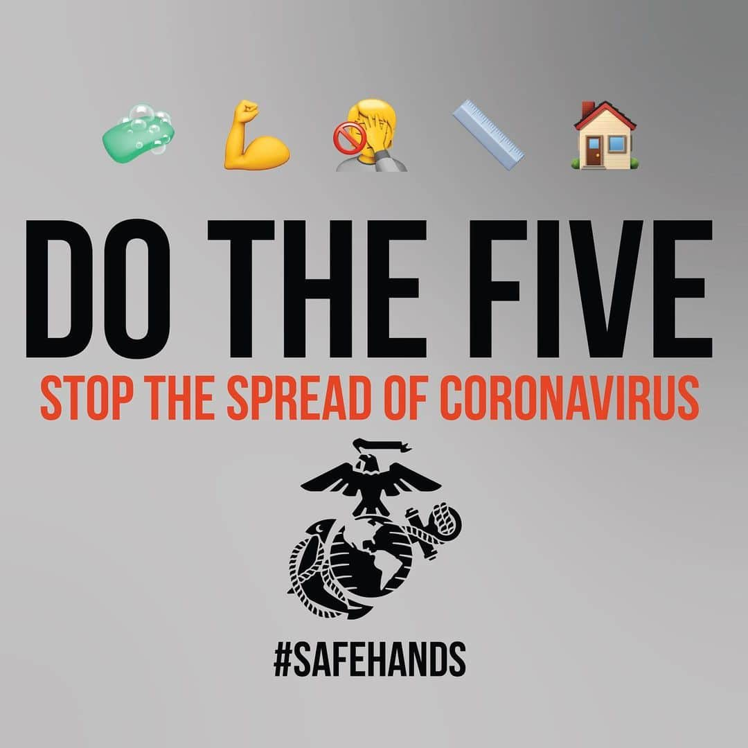 アメリカ海兵隊さんのインスタグラム写真 - (アメリカ海兵隊Instagram)「The @cdcgov is advising people to follow five simple steps to help prevent the spread of #COVID19: ⠀⠀⠀⠀⠀⠀⠀⠀⠀⠀⠀⠀ ⠀⠀⠀⠀⠀⠀⠀⠀⠀⠀⠀⠀ 🧼 1. Wash your hands 💪 2. Cough/sneeze into your elbow 🚫 3. Don't touch your face 📏 4. Stay more than 6ft (2m) away from others 🏠 5. Stay home if you feel sick  #safehands #usmc #marines #coronavirus」3月19日 23時55分 - marines