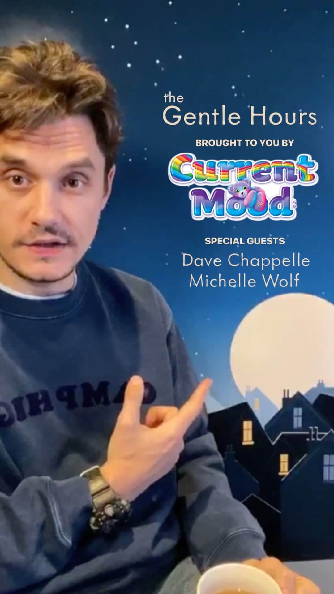 ジョン・メイヤーのインスタグラム：「John introduces us to “The Gentle Hours,” helping to put our anxiety in perspective. Dave Chappelle and Michelle Wolf stop by for a visit, and a song about it being okay to talk to your pets is born.」