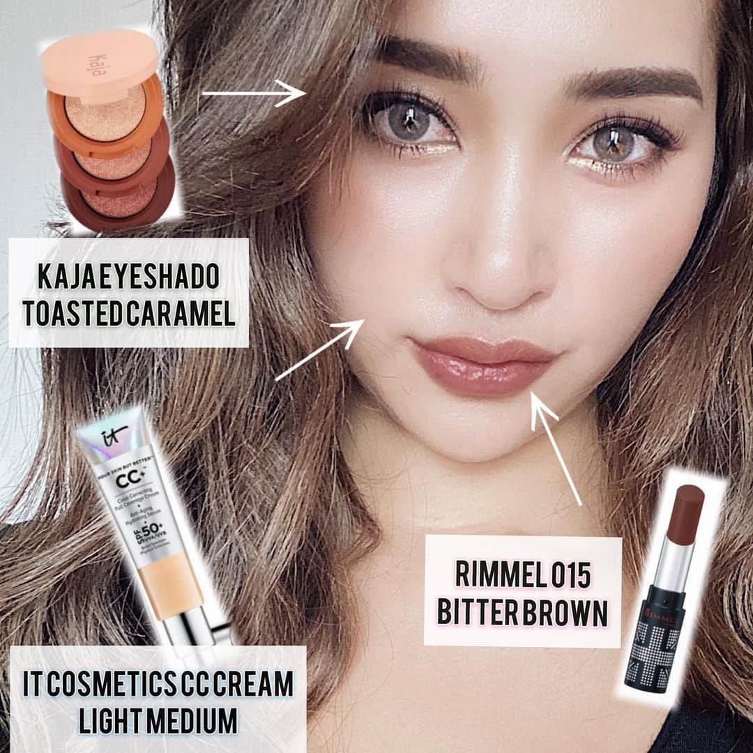 坂本マリアさんのインスタグラム写真 - (坂本マリアInstagram)「今日の使用コスメ💋 eye → @kajabeauty の #toastedcaramel ❤️ラメがとっても発色綺麗なんです😌✨ lip → @rimmellondon_jp の015 ビターブラウン🤎 face → @itcosmetics ccクリーム✨カラーはライトミディアムです😌✨ ・ #マリアメイク　#メイク　#メイクアップ　#使用コスメ　#コスメ　#メイク好き　#リップ　#ファンデ　#アイシャドウ  #アイブロウ　#マツエク　#マツエクデザイン #ブラウンリップ　#カラコン　#ハーフメイク　#外国人風」3月19日 18時40分 - sakamoto_maria