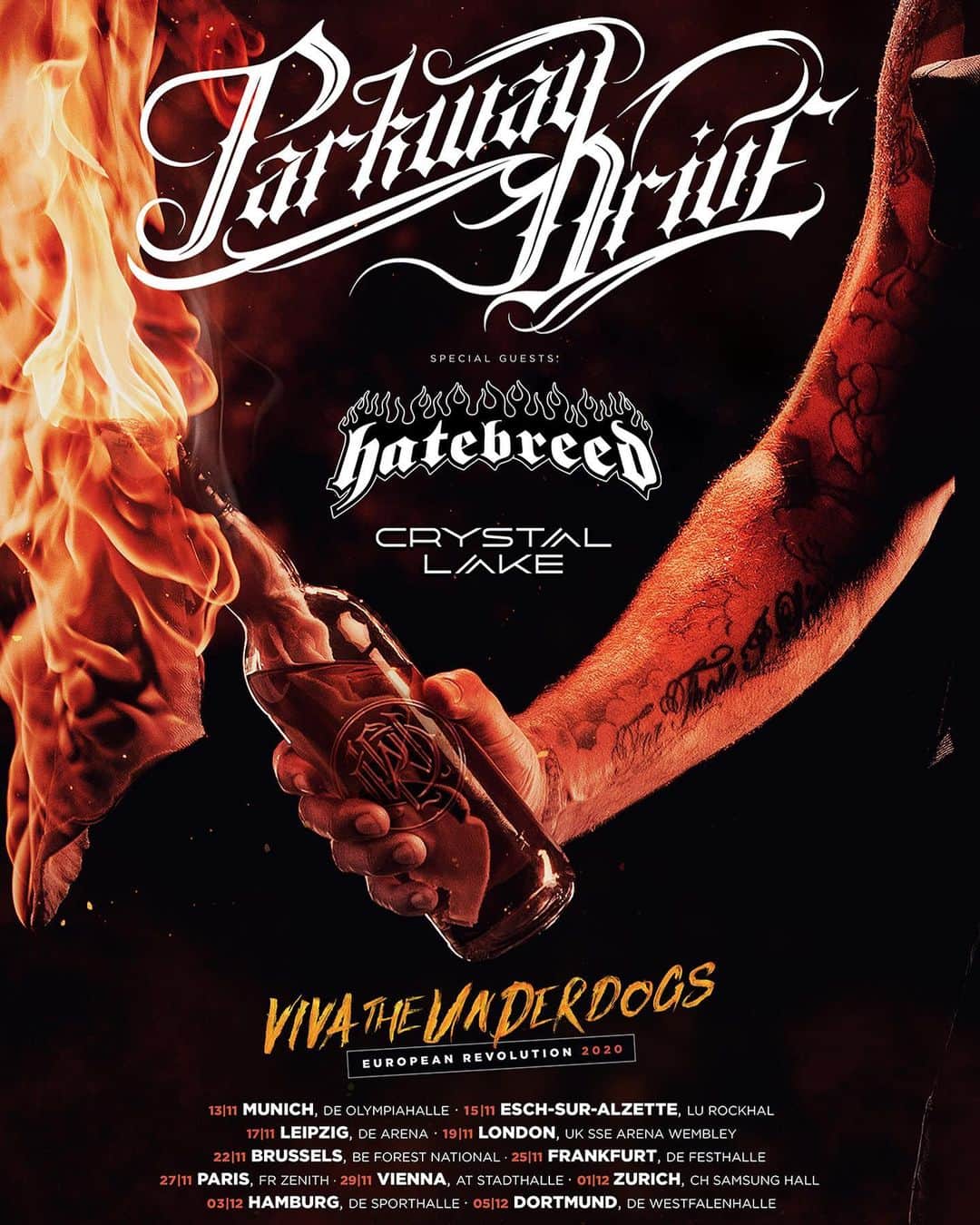 Crystal Lakeのインスタグラム：「Europe! We are excited to announce that we will be joining @parkwaydriveofficial on their upcoming "Viva The Underdogs European Revolution tour" in Nov/Dec 2020 together with @hatebreedofficial 🔥  Where are we seeing you? Get your tickets now at www.parkwaydriverock.com! Previously purchased tickets for Parkway Drive's original tour dates in April remain valid. . 13.11 - Germany München, Olympiahalle 15.11 - Luxembourg Esch-sur-Alzette, Rockhal  17.11 - Germany Leipzig, Arena 19.11 - UK London, The SSE Arena Wembley 22.11 - Belgium Brussels, Forest National 25.11 - Germany Frankfurt, Festhalle 27.11 - France Paris, Zenith 29.11 - Austria Vienna, Stadthalle 01.12 - Switzerland Zürich, Samsung Hall 03.12 - Germany Hamburg, Sporthalle 05.12 - Germany Dortmund, Westfalenhalle  #ParkwayDrive #Hatebreed #CrystalLake」