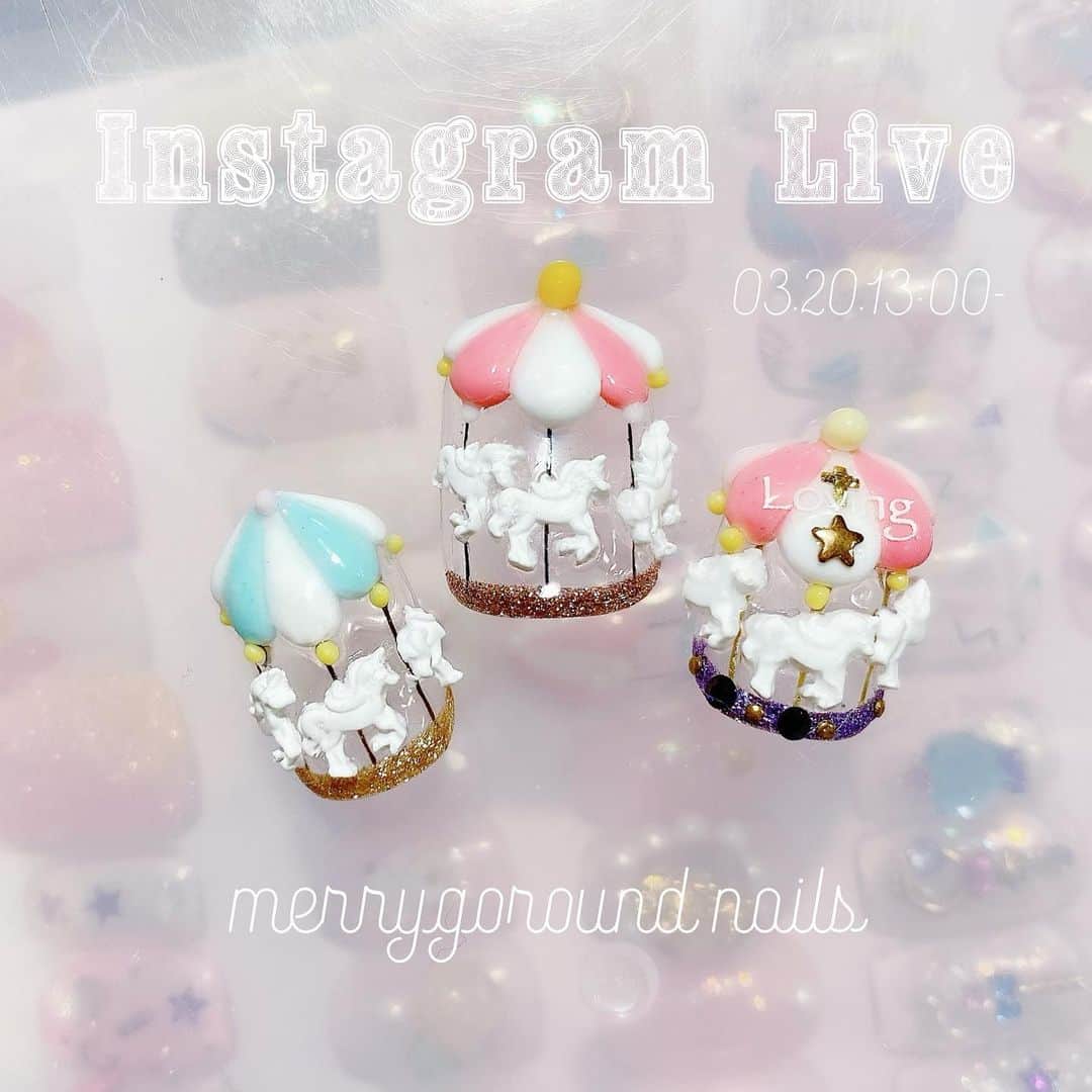 なかやまちえこのインスタグラム：「明日の13時からは#instagramlive です！⠀ #merrygoround ネイルをやります！⠀ 皆さん是非観てくださいね😊🙏✨ ⠀ ⠀ ♡今月は @pregelofficial セミナーが無くなってしまいましたので、#pregel #インスタライブ 月間となっております♡⠀ ⠀ #nail #nails #nailart #ネイル #美甲 #ネイルアート  #japanesenailart #manucure #japanesenails #manicurist #gelnails #أظافر #네일아트 #미용 #vẽmóng #ngườiđẹp  #เพ้นท์เล็บ #искусствоногтя #artedeuñas #ジェルネイルデザイン #ネイルデザイン #senikuku #nagelkunst #メリーゴーランド #ゆめかわ #ゆめかわネイル」
