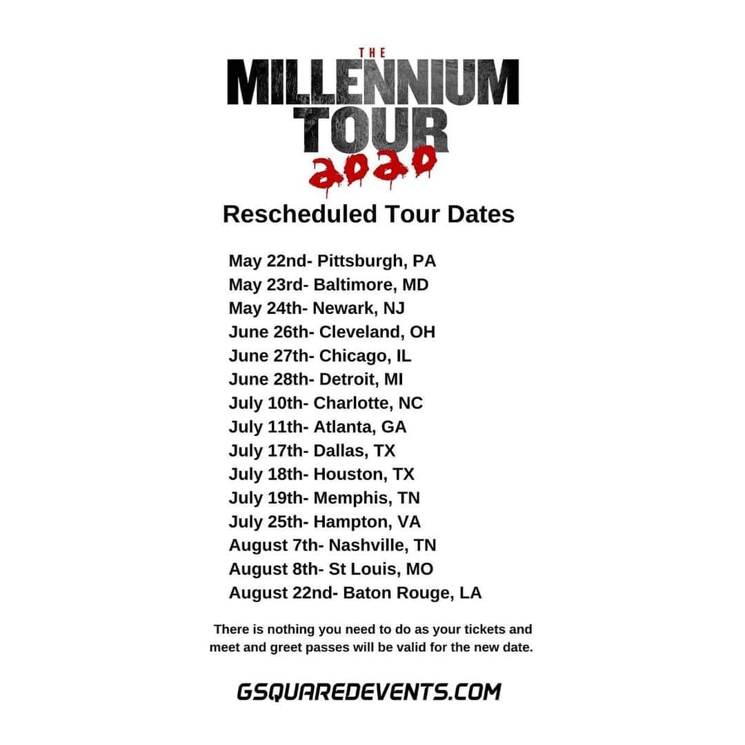 バウ・ワウさんのインスタグラム写真 - (バウ・ワウInstagram)「🚨#millenniumtour2020 🚨  NEW Rescheduled DATES!!! Atlanta Charlotte And Baton Rouge! We are working around the clock and will continue to update the fans with the latest info! Thanks for your patience. More dates to be announced! (REMEMBER HANG ON TO YOUR PURCHASES TIX AND MERT N GREET PASSES. THEY WILL BE VALID AT NEW DATE)」3月19日 23時02分 - shadmoss