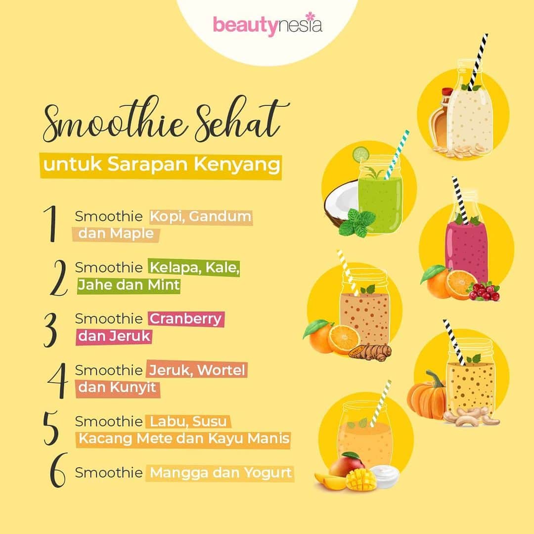 のインスタグラム：「Sering buru-buru di pagi hari tapi pengen sarapan? Bikin smoothies aja, Beautynesian. Selain sehat dan gampang bikinnya, kamu bisa pilih bahan-bahannya sesuai keinginan kamu. Tapi kalo bingung, ada kombinasi bahan untuk smoothie yang bisa kamu coba nih. Kira-kira kombinasi smoothie mana yang pengen kamu cobain?  #Beautynesia #BeautynesiaID #smoothie #rekomendasi #minumansehat #sarapan #sarapansehat #kesehatan #bahanalami」