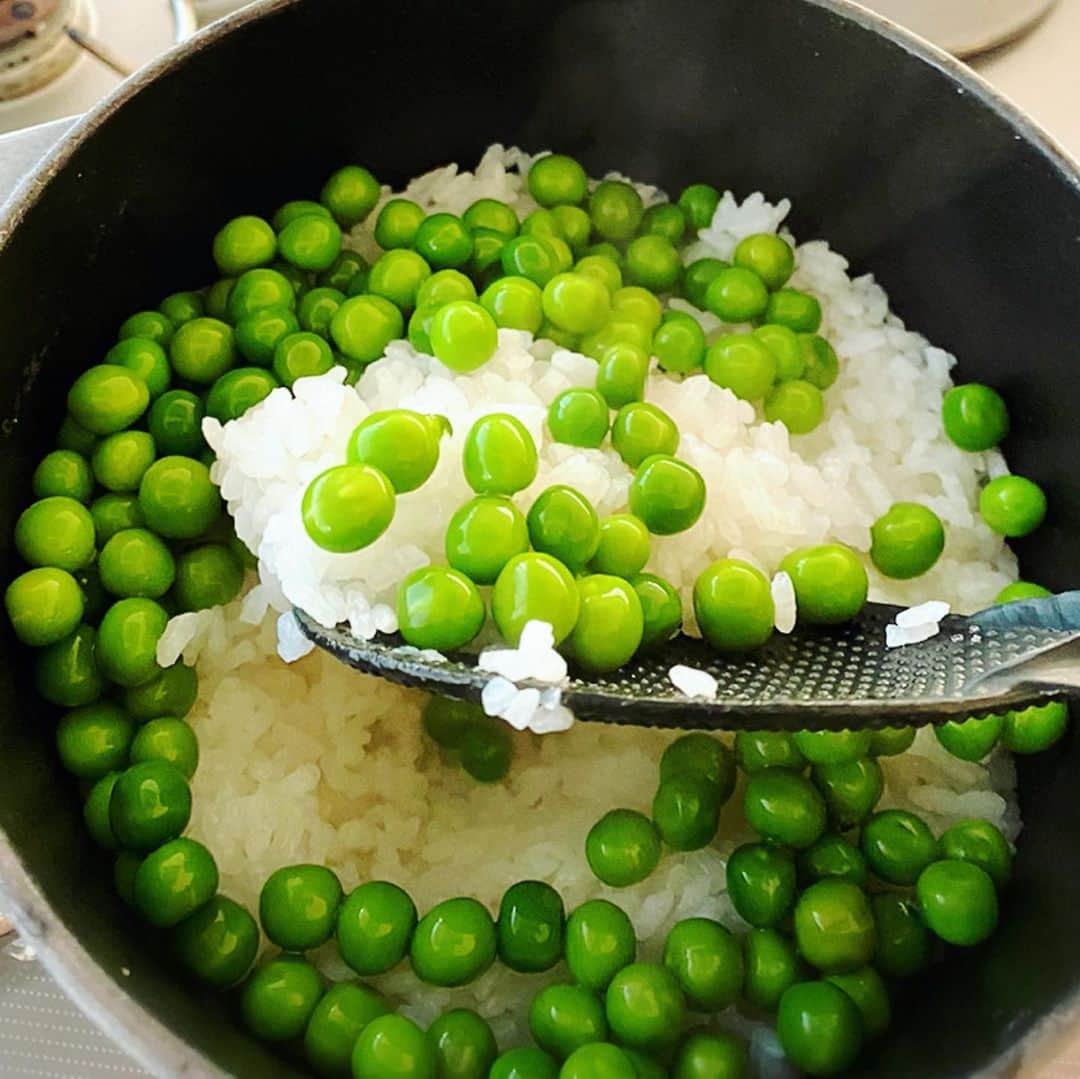望月理恵さんのインスタグラム写真 - (望月理恵Instagram)「グリンピースご飯 作りました✨  別で茹でて最後に混ぜます。 グリンピースを茹でた後 茹で汁にしばらく 浸けておくことで ふっくらとしたお豆になります。  #そんなにグリンピース好きでは ないけど、これは好き #グリーンピース #グリーンピースご飯  #豆ご飯　 #昆布と塩とお酒少々を入れてご飯を炊き　 塩茹でしたグリンピースを混ぜて出来上がり #ストウブ　で炊いてます #staub#food#japanesefood  #モッチーご飯 #春の味覚＃春のお彼岸 #春分の日#宇宙元年」3月20日 19時19分 - mochiee28