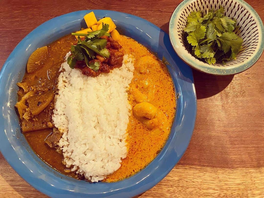 なごむさんのインスタグラム写真 - (なごむInstagram)「※ いつぶり？な、サイコーカレー🍛  烏賊の塩辛カレー + タイカレー（エビ） + スパイスブタドン + パクチー小皿  #サイコじゃないよ #サイコーだよ」3月20日 11時49分 - matsumotoooooo