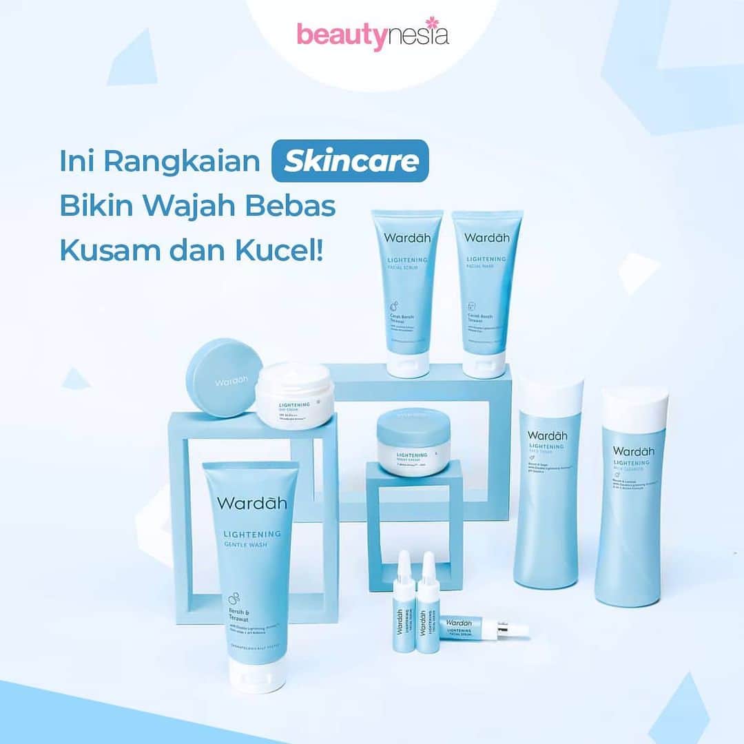 のインスタグラム：「Kulit wajah kusam itu bisa disebabkan oleh polusi, debu dan kotoran selama beraktivitas sehari-hari. Tapi memiliki wajah yang cerah dan nggak kusam itu nggak harus mahal lho, Beautynesian. Rangkaian Wardah Lightening Series bisa jadi solusi andalan kamu nih. Ada inovasi Skin Lightening System yang mengandung 3 bahan pencerah, yaitu Licorice extract, vitamin B3 dan Alantoin, untuk kulit lebih cerah, kenyal dan moist. Selain itu Wardah Lightening Series ini juga mengandung AHA dan SPF 30 PA+++ untuk melindungi kulit kamu dari paparan sinar matahari selama beraktivitas di luar ruangan.  Wardah Lightening Series punya semua skincare yang dibutuhkan kulit kamu dalam satu rangkaian. Yaitu Lightening Gentle Wash, Lightening Facial Scrub, Lightening Milk Cleanser, Lightening Face Toner, Lightening Facial Serum, Lightening Day Cream dan Night Cream. Setelah itu kamu bisa melanjutkan dengan rangkaian makeup BB Cream, Loose Powder sampai Two-way Cake Lightening. Nah, kalau kamu udah pake yang mana, Beautynesian?  #Beautynesia #BeautynesiaID」