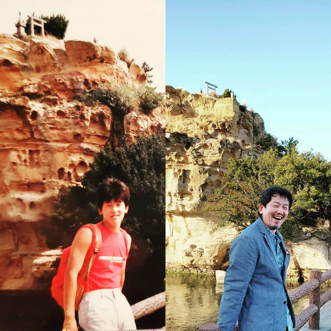 金本浩二のインスタグラム：「懐かしい❗18歳頃に淡路島の岩屋で撮影した同じ場所で‼️ 53歳というと約3倍の歳かぃ...😅」