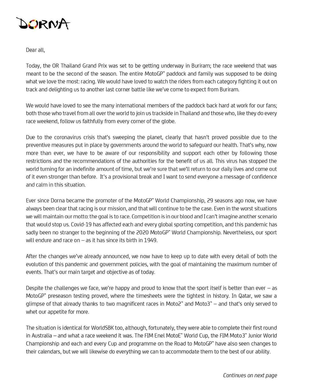 MotoGPさんのインスタグラム写真 - (MotoGPInstagram)「An open letter from Dorna Sports CEO, Carmelo Ezpeleta, to the fans. Swipe left to read in full #MotoGP *Visit motogp.com to read it in all languages」3月20日 23時00分 - motogp