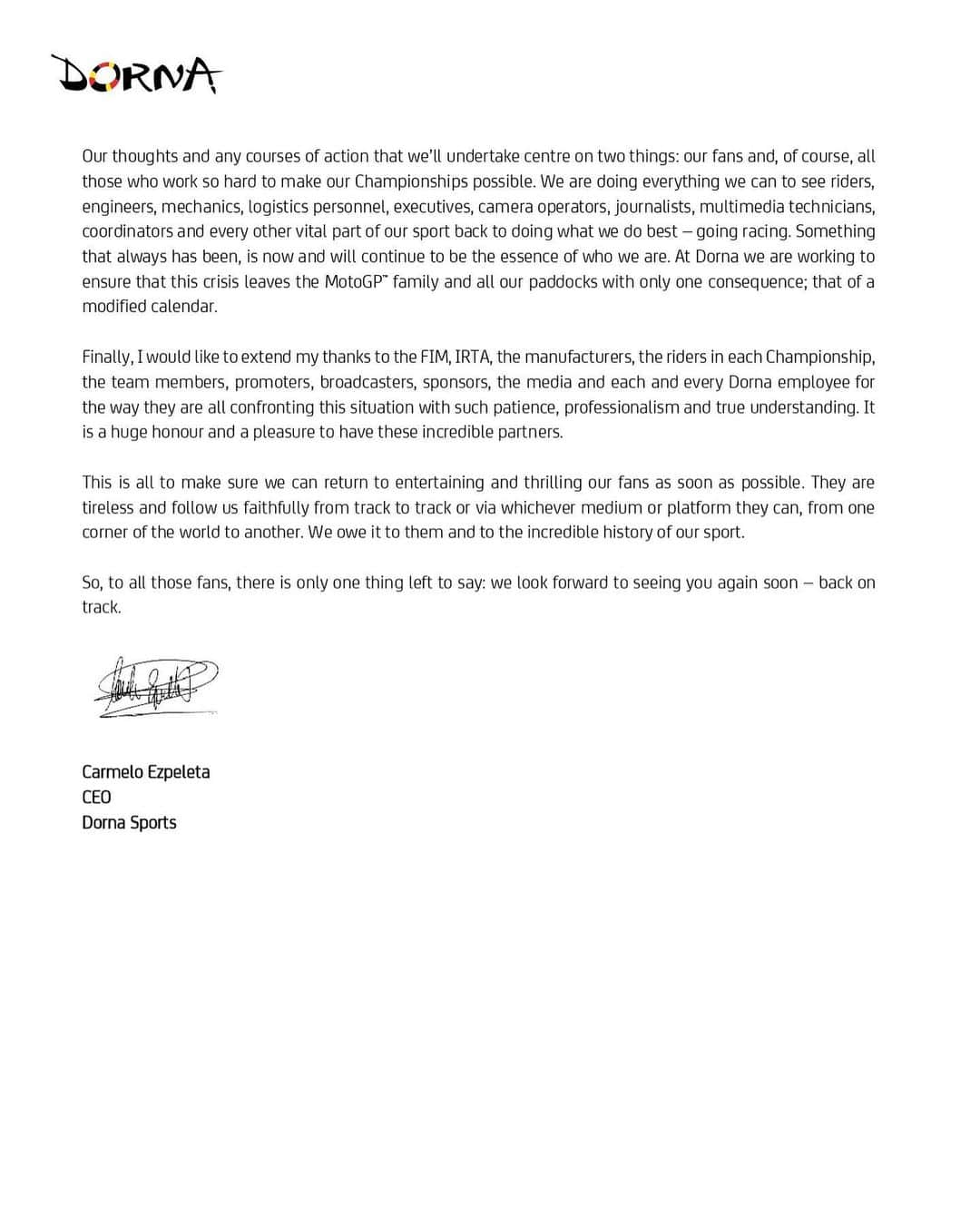 MotoGPさんのインスタグラム写真 - (MotoGPInstagram)「An open letter from Dorna Sports CEO, Carmelo Ezpeleta, to the fans. Swipe left to read in full #MotoGP *Visit motogp.com to read it in all languages」3月20日 23時00分 - motogp