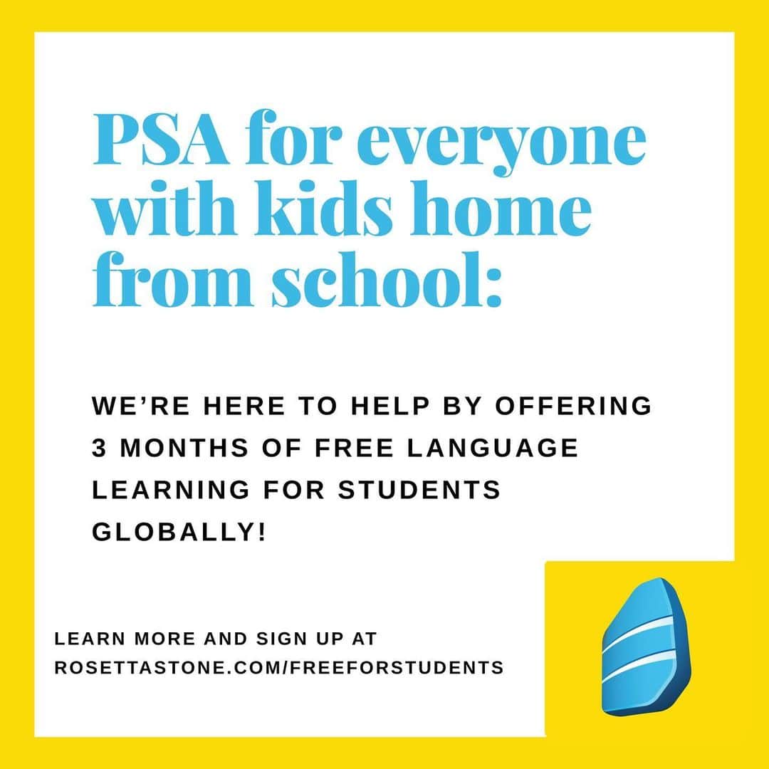 Rosetta Stoneさんのインスタグラム写真 - (Rosetta StoneInstagram)「PSA for everyone with kids home from school during this #socialdistancing: We're here to help with 3 months of free language learning for students globally! Learn more & sign up at rosettastone.com/freeforstudents [link in bio]. Stay safe, everyone! 💛 . . . #staystrong #stayhealthy #corona #coronavirus #quarantine #stayhome #student #free #homeschool #language #languagelearning #learn #learnlanguages」3月21日 0時59分 - rosettastone
