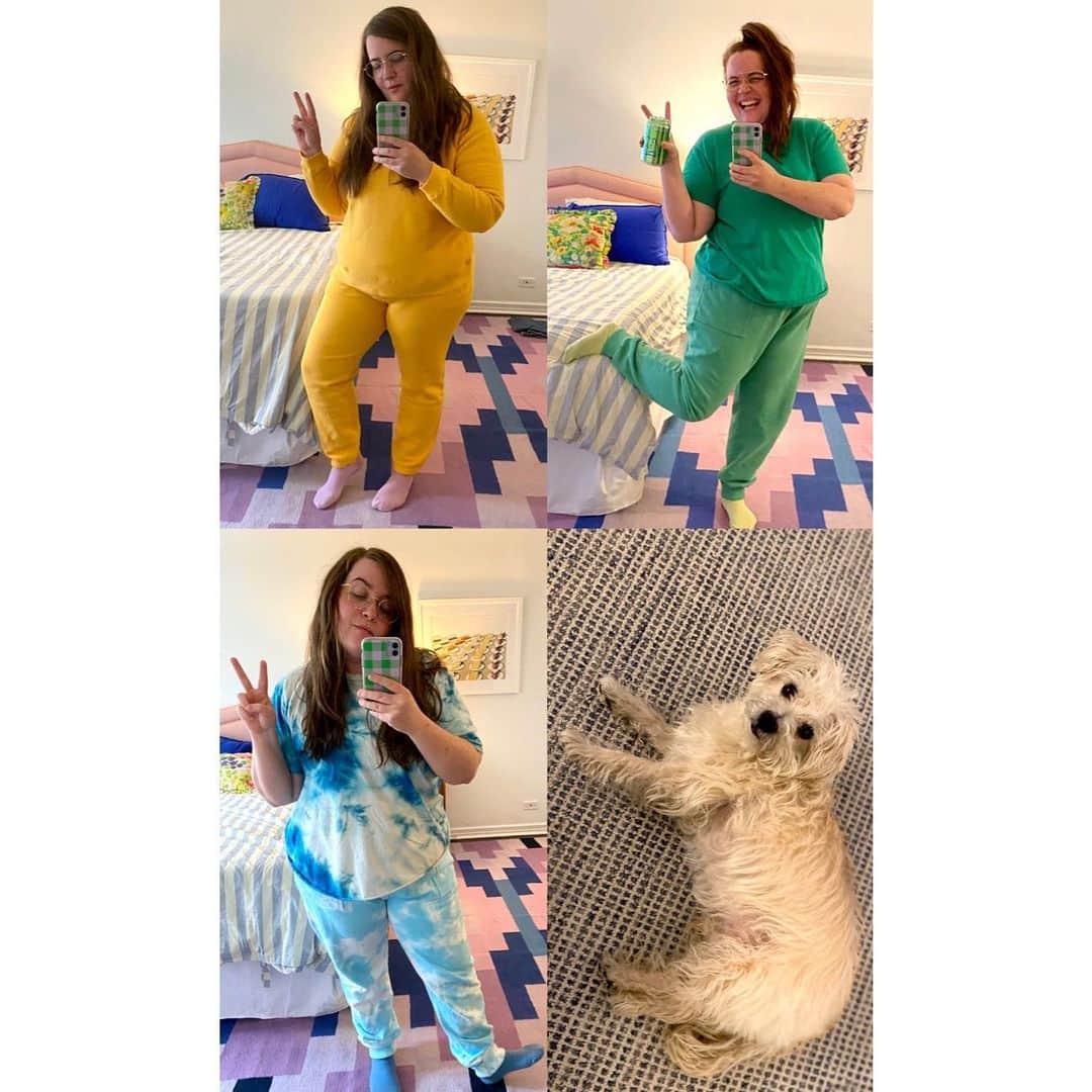 エイディー・ブライアントのインスタグラム：「hope you’re doing ok! it’s freaky as hell so try and be nice to yourself. Some things  that have been helping me: monochromatic dressing, my dog, the brian lehrer show on wnyc, yoga, my friends and fam on vid chat and donating my ass off. curious what you’re up to? ☁️🌱 and thanks to all the sweeties sending messages saying they found or are rewatching @shrillhulu !!!」