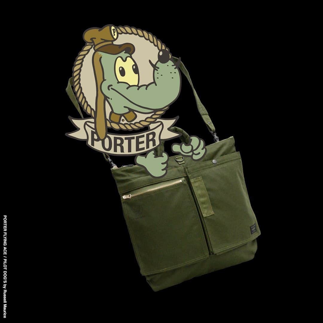 のインスタグラム：「「PORTER FLYING ACE」 を発売します。 1950年代初頭に製造されたU.S. AIR FORCEのナイロン製飛行服“FLYING SUIT / TYPE K-2A”のディテールをモチーフに、ミリタリーギアの持つ最大の特性である「実用性・機能性・耐久性の高さ」に焦点を当てたトータルシリーズです。  https://www.yoshidakaban.com/special/pfa.html  本シリーズのマテリアルは当時のフライングスーツから着想を得て、メイドインジャパンの高い技術力で糸から組織まで新たに開発した完全オリジナルです。 各アイテムには当時の軍用品にみられたディテールを随所に採り入れながら、日常生活にフィットした仕様を散りばめました。 当時のカルチャーでは自身のフライトジャケットや機体に思い思いのカスタムペイントをしていたことから、本シリーズにはピースで愛嬌のある2匹の“PILOT DOG’S”を採用しました。  発売日：2月28日（金） ※オフィシャルオンラインストアはAM10:00に発売します。  こちらのシリーズは全国のPORTER取扱店舗で一斉販売いたします。 ※店舗によっては、お取扱いのない場合もございます。 詳細につきましてはお近くの店舗にお問い合わせください。  吉田カバンらしいモノ作りへのこだわりと、今の時代にあったピースフルでポジティブなメッセージを込めた本格的なミリタリーシリーズです。 是非店頭でお手に取ってご覧ください。  We are launching “PORTER FLYING ACE.” Inspired by the details of US AIR FORCE's nylon flight suit "FLYING SUIT / TAPE K-2A" manufactured in a short period of time in the early 1950s and focusing on "Utility, functionality and durability", which is the greatest characteristic of military gear, we create this collection.  Based on "FLYING SUIT / TAPE K-2A", the materials of this series were studied in detail from yarn to tissue, and newly developed with high technology in Japan. This is a completely original material. Adopting the design details of military items at that time, we make each style functional for daily use.  At that time, they custom-painted their flight jackets and fuselage body to inspire their courage and recall their hometown. Inspired by the culture, this series uses two “PILOT DOG'S”, which are adorable and peaceful, for original pinup dogs.  Launch date: Feb 28th (Fri) ※Official online store will launch at 10am.  We put our craftsmanship for bags and positive and peaceful message for modern age into this collection. Please feel this military collection at the stores.  #吉田カバン #ポーター #yoshidakaban #porter #luggagelabel #porteryoshida #madeinjapan #japan #porterflagshipstore #porterstand #porterseoul #kurachikabyporter #potr #flyingace #pyairforce #flyingsuit #military #peace #pilotdogs #pinupdogs #russellmaurice #cerakote #black #olivedrab」
