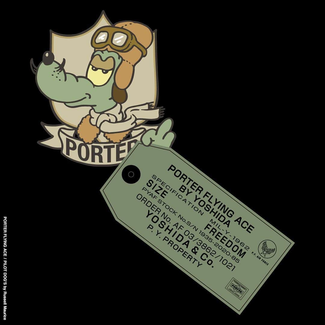 のインスタグラム：「「PORTER FLYING ACE」 を発売します。 1950年代初頭に製造されたU.S. AIR FORCEのナイロン製飛行服“FLYING SUIT / TYPE K-2A”のディテールをモチーフに、ミリタリーギアの持つ最大の特性である「実用性・機能性・耐久性の高さ」に焦点を当てたトータルシリーズです。  https://www.yoshidakaban.com/special/pfa.html  本シリーズのマテリアルは当時のフライングスーツから着想を得て、メイドインジャパンの高い技術力で糸から組織まで新たに開発した完全オリジナルです。 各アイテムには当時の軍用品にみられたディテールを随所に採り入れながら、日常生活にフィットした仕様を散りばめました。 当時のカルチャーでは自身のフライトジャケットや機体に思い思いのカスタムペイントをしていたことから、本シリーズにはピースで愛嬌のある2匹の“PILOT DOG’S”を採用しました。  発売日：2月28日（金） ※オフィシャルオンラインストアはAM10:00に発売します。  こちらのシリーズは全国のPORTER取扱店舗で一斉販売いたします。 ※店舗によっては、お取扱いのない場合もございます。 詳細につきましてはお近くの店舗にお問い合わせください。  吉田カバンらしいモノ作りへのこだわりと、今の時代にあったピースフルでポジティブなメッセージを込めた本格的なミリタリーシリーズです。 是非店頭でお手に取ってご覧ください。  We are launching “PORTER FLYING ACE.” Inspired by the details of US AIR FORCE's nylon flight suit "FLYING SUIT / TAPE K-2A" manufactured in a short period of time in the early 1950s and focusing on "Utility, functionality and durability", which is the greatest characteristic of military gear, we create this collection.  Based on "FLYING SUIT / TAPE K-2A", the materials of this series were studied in detail from yarn to tissue, and newly developed with high technology in Japan. This is a completely original material. Adopting the design details of military items at that time, we make each style functional for daily use.  At that time, they custom-painted their flight jackets and fuselage body to inspire their courage and recall their hometown. Inspired by the culture, this series uses two “PILOT DOG'S”, which are adorable and peaceful, for original pinup dogs.  Launch date: Feb 28th (Fri) ※Official online store will launch at 10am.  We put our craftsmanship for bags and positive and peaceful message for modern age into this collection. Please feel this military collection at the stores.  #吉田カバン #ポーター #yoshidakaban #porter #luggagelabel #porteryoshida #madeinjapan #japan #porterflagshipstore #porterstand #porterseoul #kurachikabyporter #potr #flyingace #pyairforce #flyingsuit #military #peace #pilotdogs #pinupdogs #russellmaurice #cerakote #black #olivedrab」
