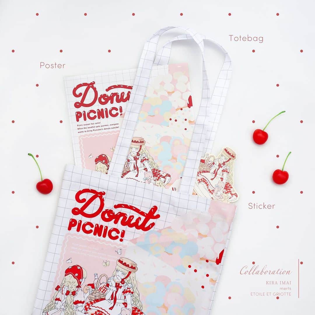今井キラのインスタグラム：「𝑁𝑒𝑤﻿ COLLABORATION﻿ "Donut Picnic"﻿ Etoile et Griotte × 今井キラ﻿ ﻿ トートバッグ﻿ ステッカー﻿ ミニポスター﻿ ﻿ 好評だったEtoile et Griotteさんとのコラボ第二段✨﻿ 今回も自分ではあまり描かないテーマを提案してもらえて楽しかったです🍩 ﻿ ♡﻿ ﻿ こちらのアイテムはイベント終了後に今井キラのWebStoreにも入荷します﻿ ﻿ 🅴🆅🅴🅽🆃﻿ Weekend PARLOR﻿ 3/4(水)~3/10(火)﻿ 伊勢丹新宿店本館２階=イーストパーク/プロモーション﻿ ﻿ 📞お問い合わせ先﻿ 伊勢丹新宿店 大代表 03-3352-1111（代表）﻿ 午前10時~午後8時 ※店舗休業日を除く﻿ ﻿ #weekendparlor #kiraimai #etoileetgriotte」