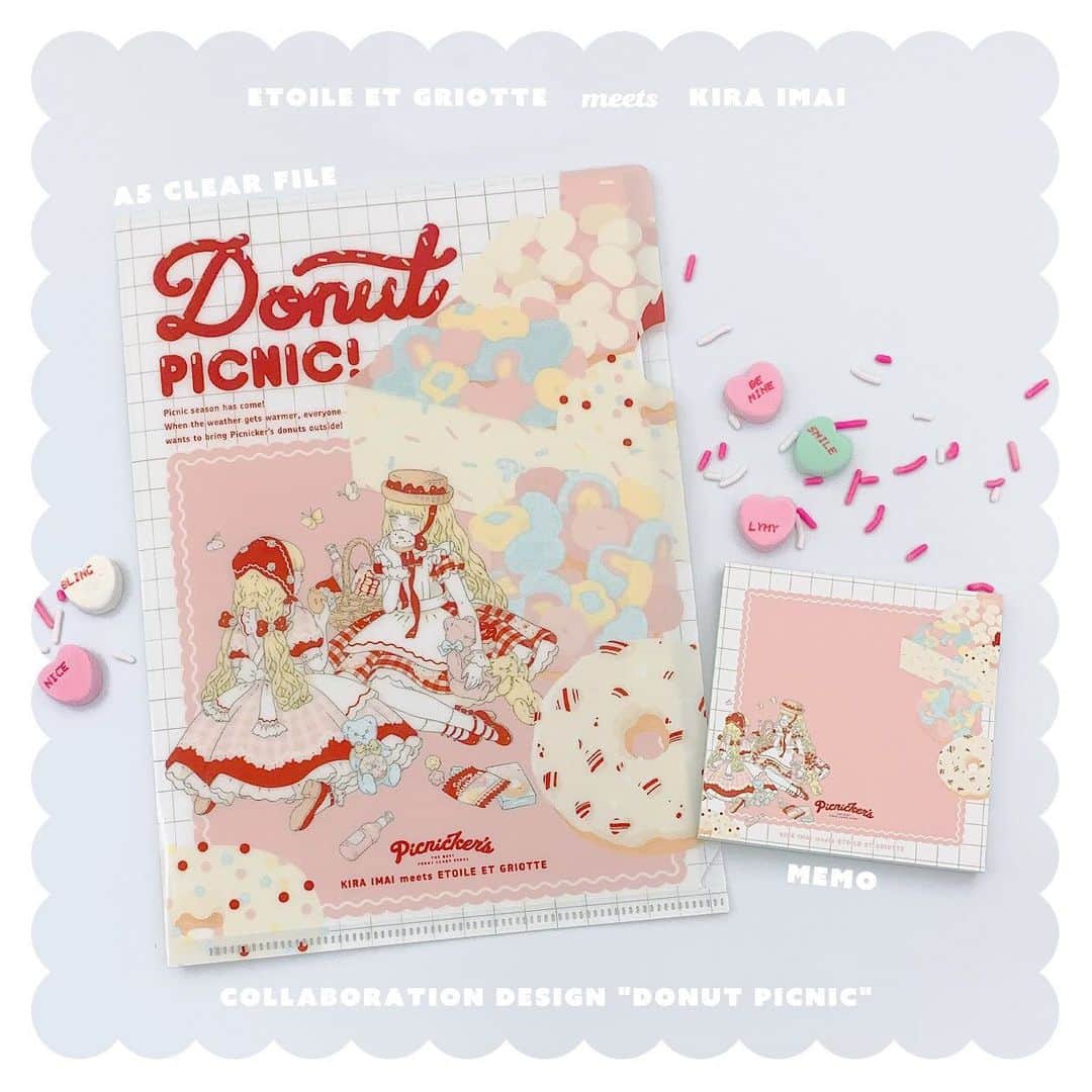 今井キラのインスタグラム：「𝑁𝑒𝑤﻿ COLLABORATION﻿ "Donut Picnic"﻿ Etoile et Griotte × 今井キラ﻿ ﻿ メモパッド﻿ クリアファイル﻿ ﻿ 好評だったEtoile et Griotteさんとのコラボ第二段✨﻿ 今回も自分ではあまり描かないテーマを提案してもらえて楽しかったです🍩 ﻿ ♡﻿ ﻿ こちらのアイテムはイベント終了後にEtoile et GriotteのWebStoreに入荷します﻿ ﻿ 🅴🆅🅴🅽🆃﻿ Weekend PARLOR﻿ 3/4(水)~3/10(火)﻿ 伊勢丹新宿店本館２階=イーストパーク/プロモーション﻿ ﻿ 📞お問い合わせ先﻿ 伊勢丹新宿店 大代表 03-3352-1111（代表）﻿ 午前10時~午後8時 ※店舗休業日を除く﻿ ﻿ #weekendparlor #kiraimai #etoileetgriotte」