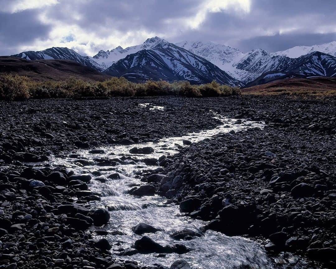 National Geographic Travelさんのインスタグラム写真 - (National Geographic TravelInstagram)「Photo by @stephen_matera | A glacial stream winds through a braided riverbed beneath the stormy Alaska Range in Denali National Park, Alaska. Streams like this will start and stop seemingly randomly throughout the day as the flow of rain, snow, and glacial meltwater changes. On another day in a similar location, we were hiking along a dry braided river when a small stream started running toward us.  Follow me @stephen_matera for more images like this from Alaska and around the world. #braidedriver #stream #denali #nationalpark」2月26日 18時08分 - natgeotravel