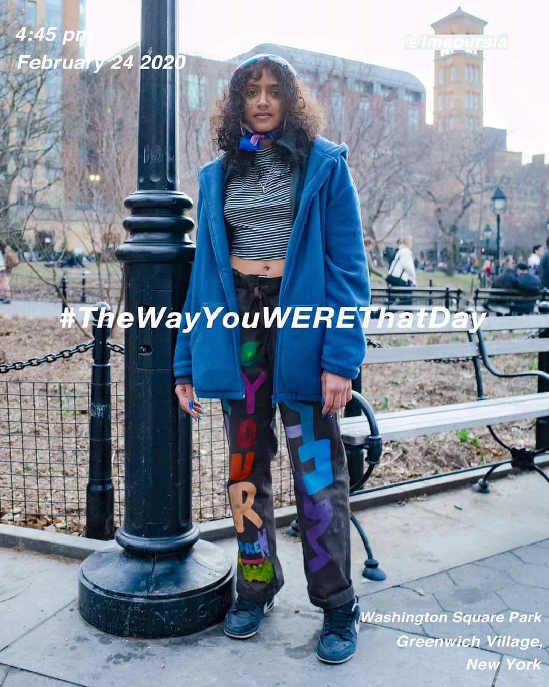 筒井心一のインスタグラム：「@lmaoursula in #WashingtonSquarePark at 4:45 pm, February 24 2020, #NewYork ﻿ #OutfitOfTheDay = #TheWayYouWEREThatDay #TWYWTD #ShinichiTsutsui」