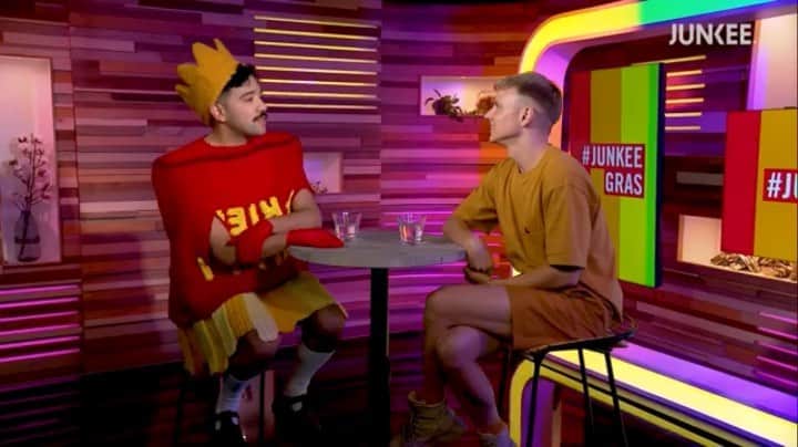 Phil Fergusonのインスタグラム：「Who would have thought that my chips outfit allowed me to teleport?! 🍟❕ So the third ep of #junkeegras is up on @junkeedotcom on IGTV and FB and this episode I have a cute chat with @courtneyact!  Totally check out the rest of the interview and I can’t wait to come into Sydney tomorrow!  Hope you’re all well!」