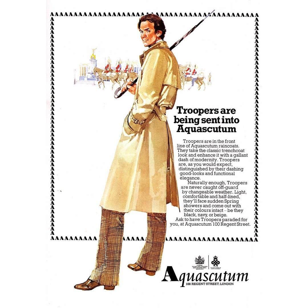 アクアスキュータムのインスタグラム：「TBT: Come rain or shine on the frontline against the weather: Aquascutum 1974 Campaign Image  #aquascutum」