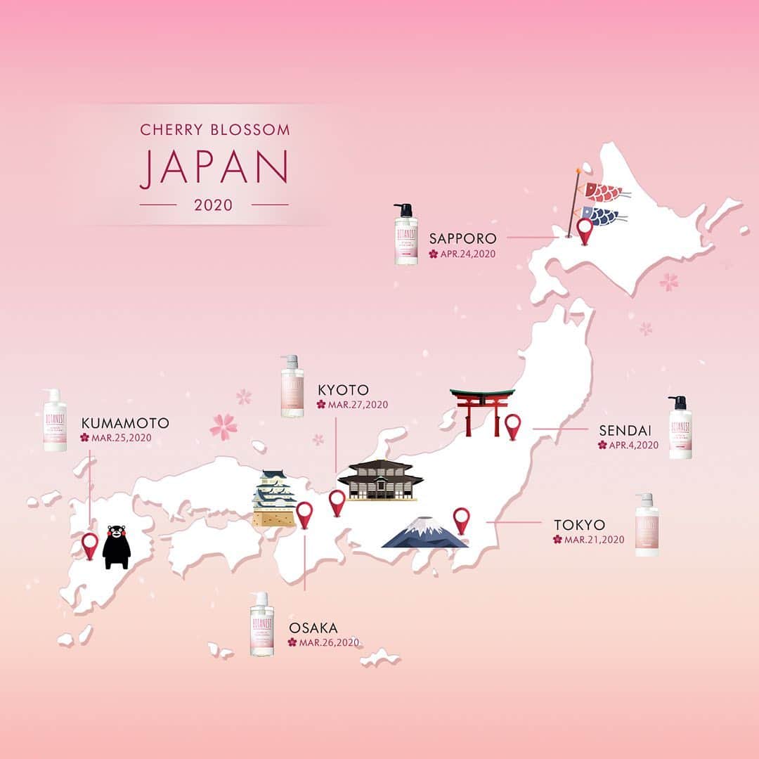 BOTANIST GLOBALのインスタグラム：「The spring of 2020 is soon upon us! Enjoy all the cherry blossom spots through March and April in various parts of Japan. Use our BOTANIST Cherry Blossom Map to find all the best spots. Whether you are visiting Japan or live here, let's enjoy hanami season to the fullest🌸 ⠀ ⠀ Stay Simple. Live Simple. #BOTANIST ⠀ ⠀ ⠀ ⠀ 🛀@botanist_official 🗼@botanist_tokyo 🇨🇳@botanist_chinese」