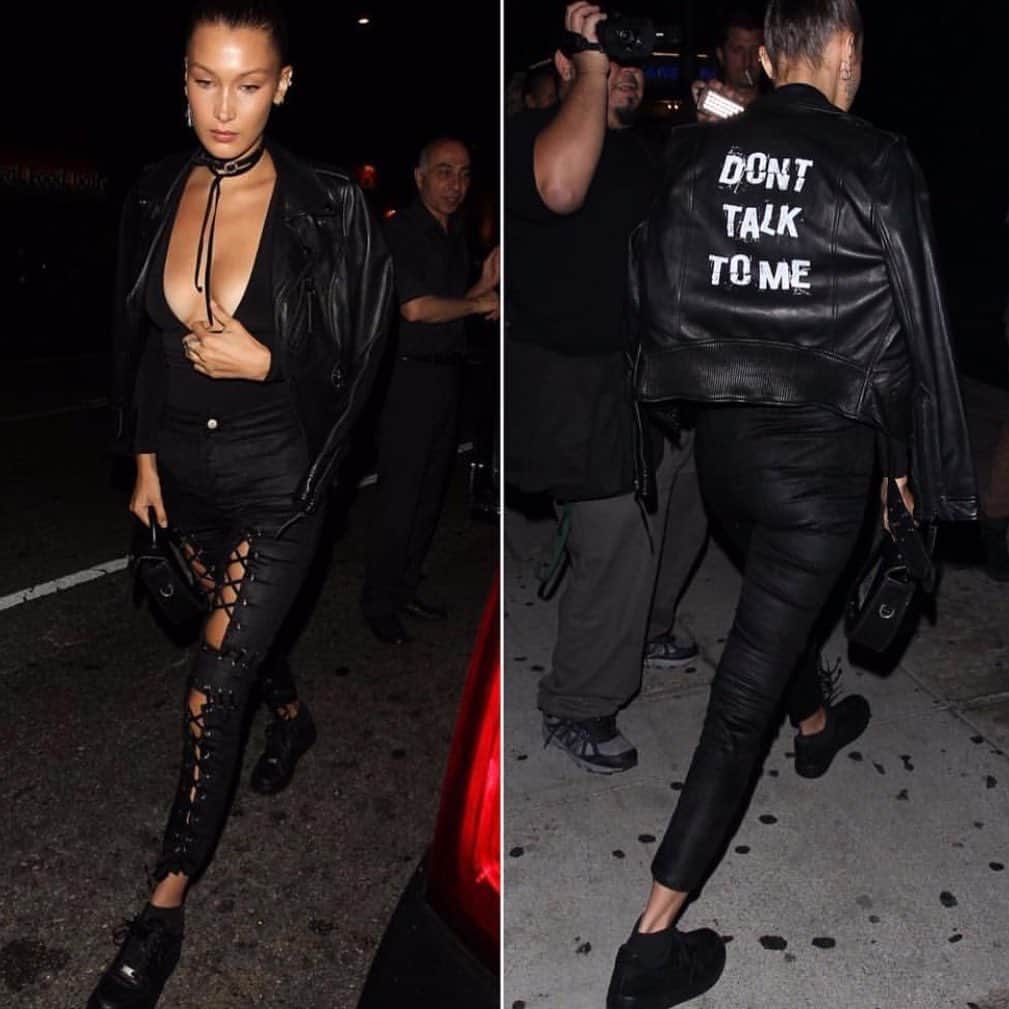 リネアペレのインスタグラム：「#tbt @bellahadid wearing our custom leather jacket 🙌🏼」